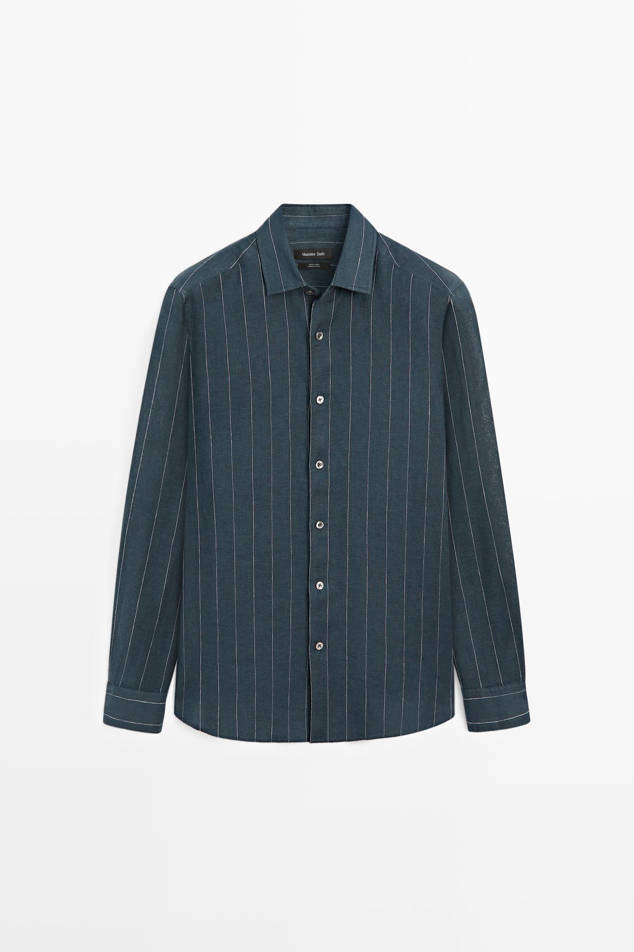Regular fit striped 100% linen shirt — PETROL BLUE