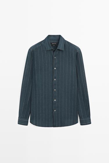 Regular fit striped 100% linen shirt — PETROL BLUE 2