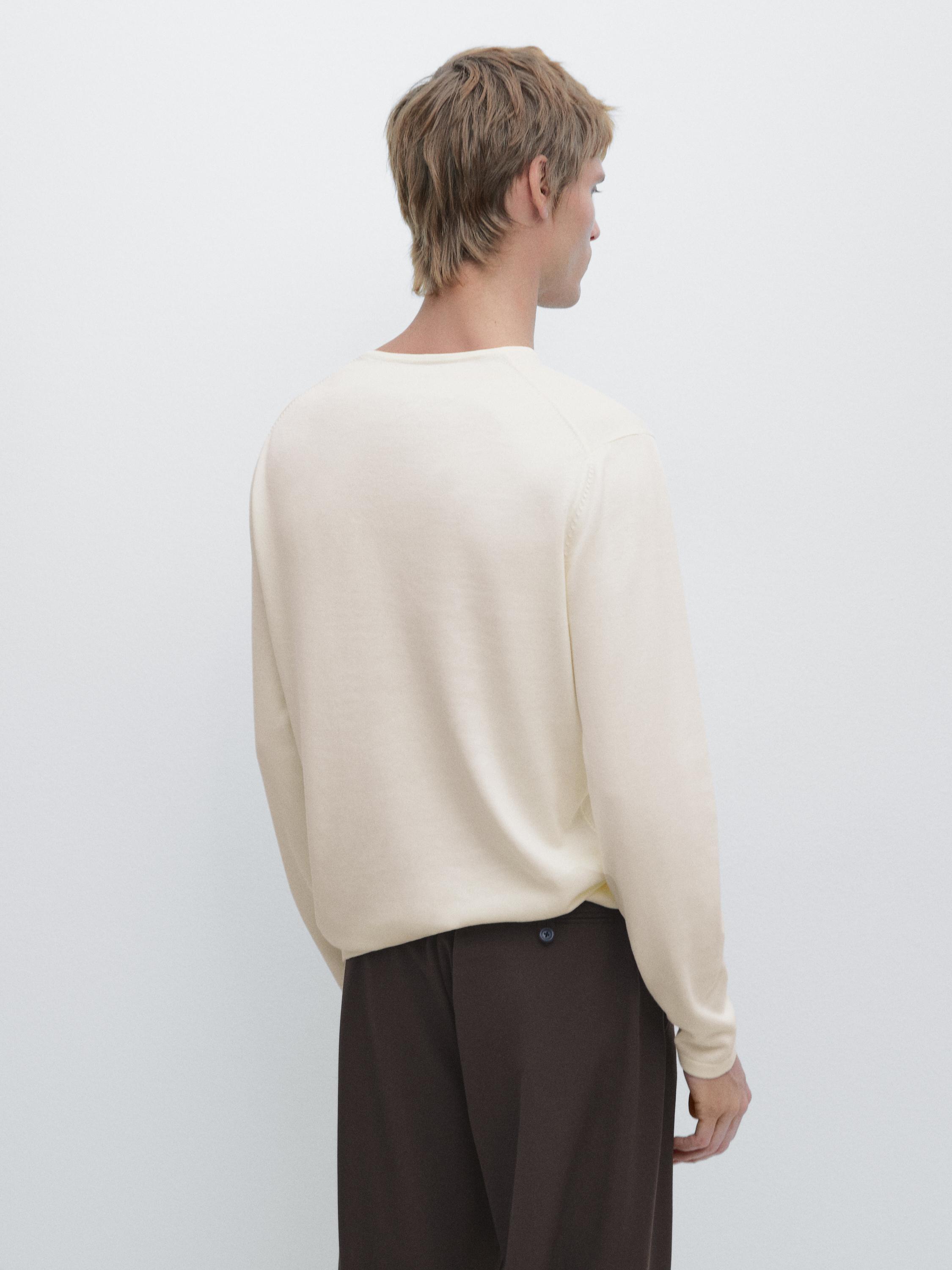 Knit 100% cotton crew neck sweater — OFF WHITE