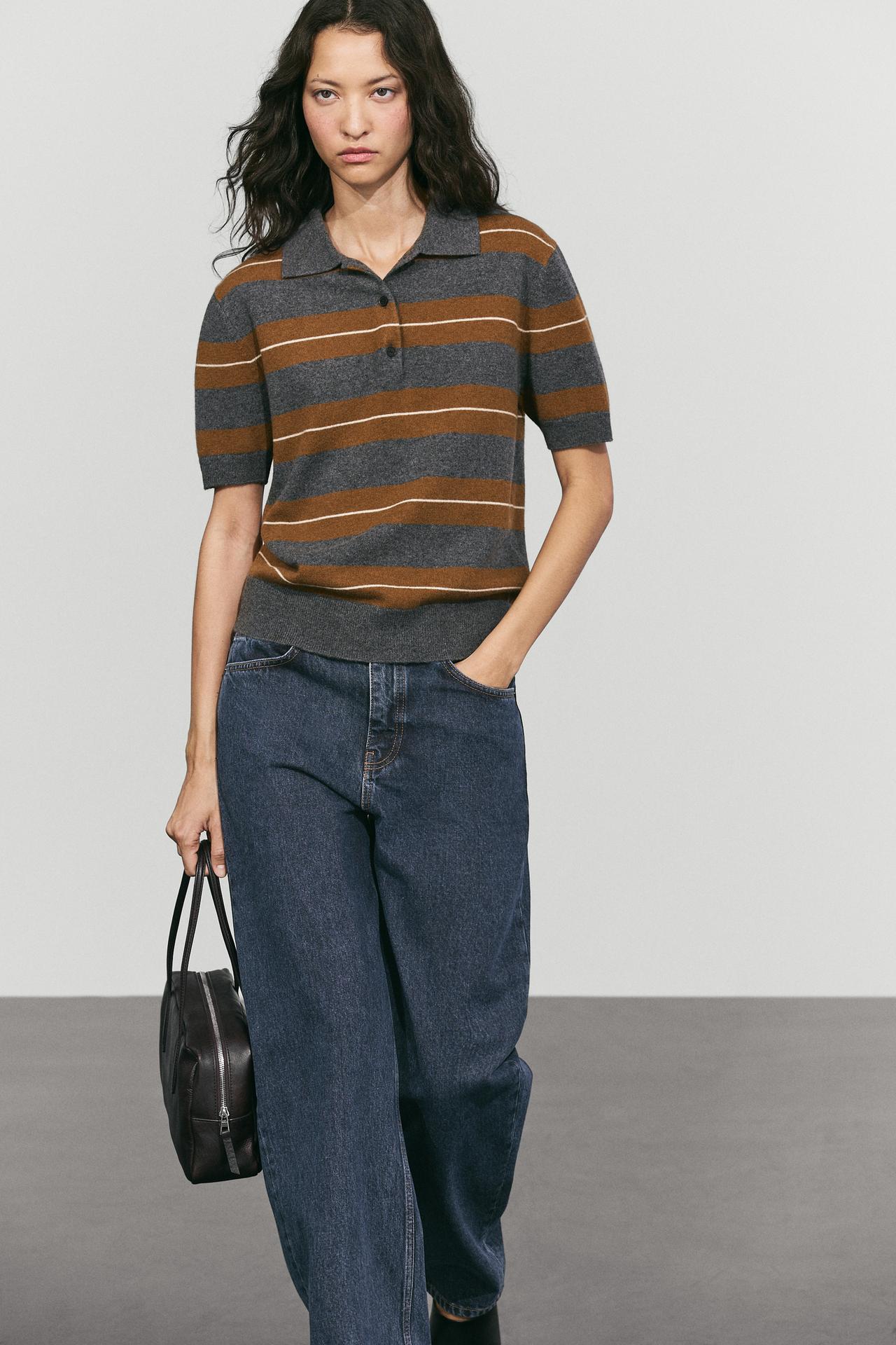 100% wool striped knit polo — MEDIUM GREY