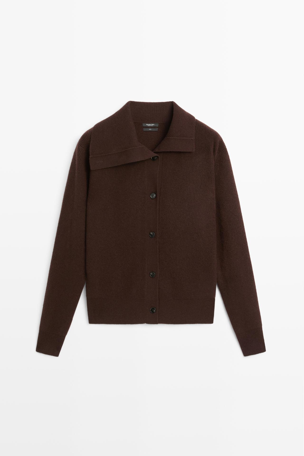 Purl knit cardigan with funnel neck — Chocolate