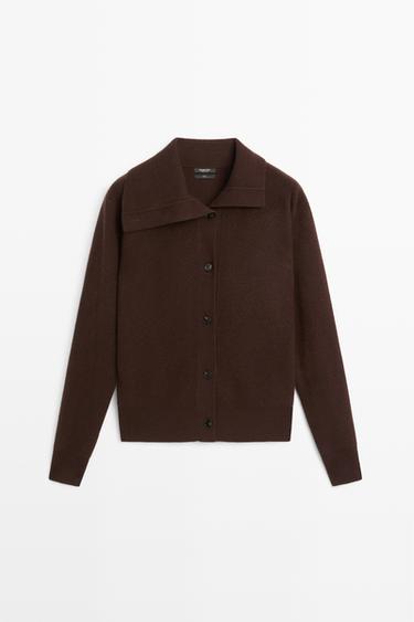 Purl knit cardigan with funnel neck — Chocolate 2