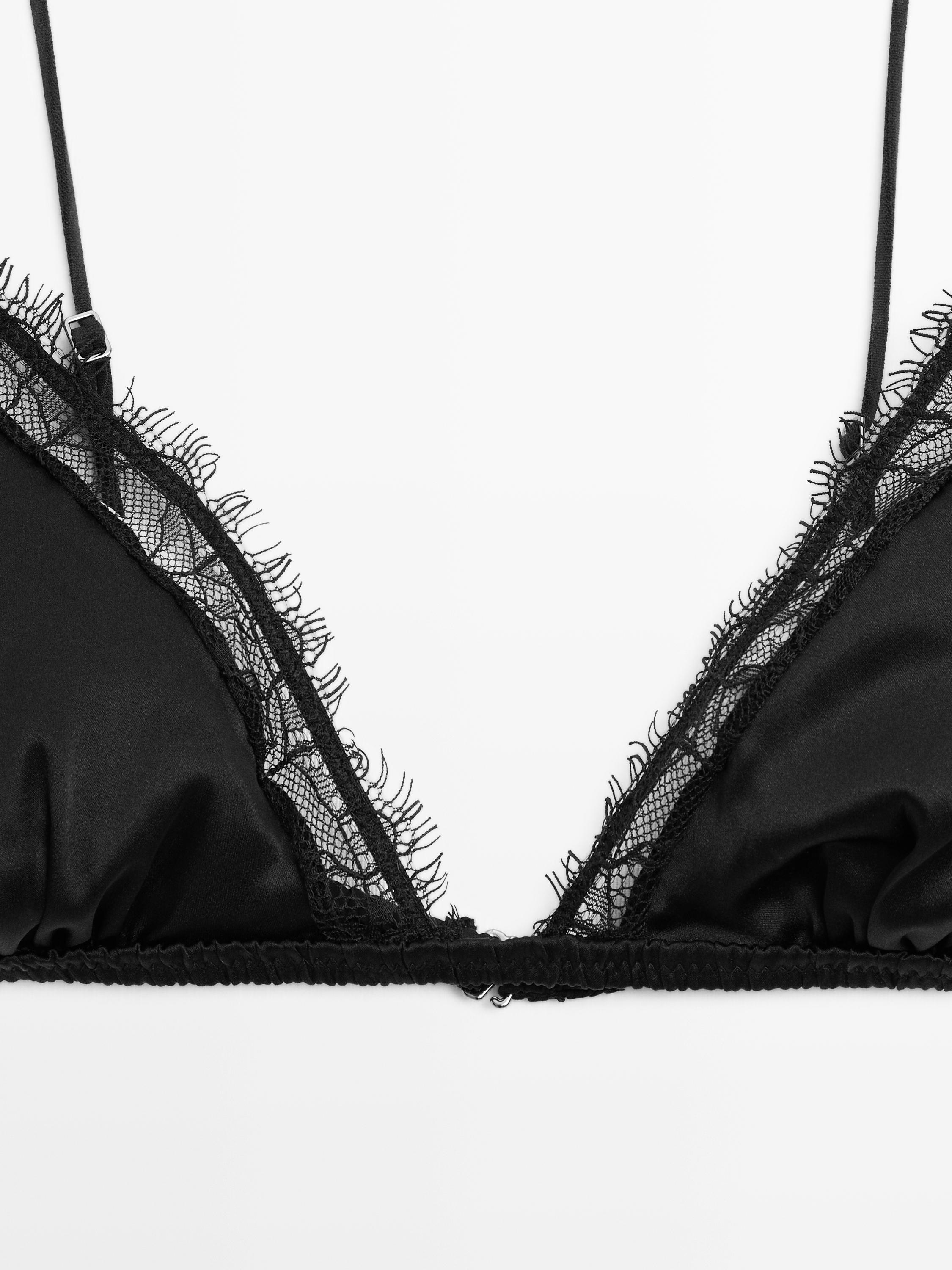 Silk and lace triangle bralette — BLACK