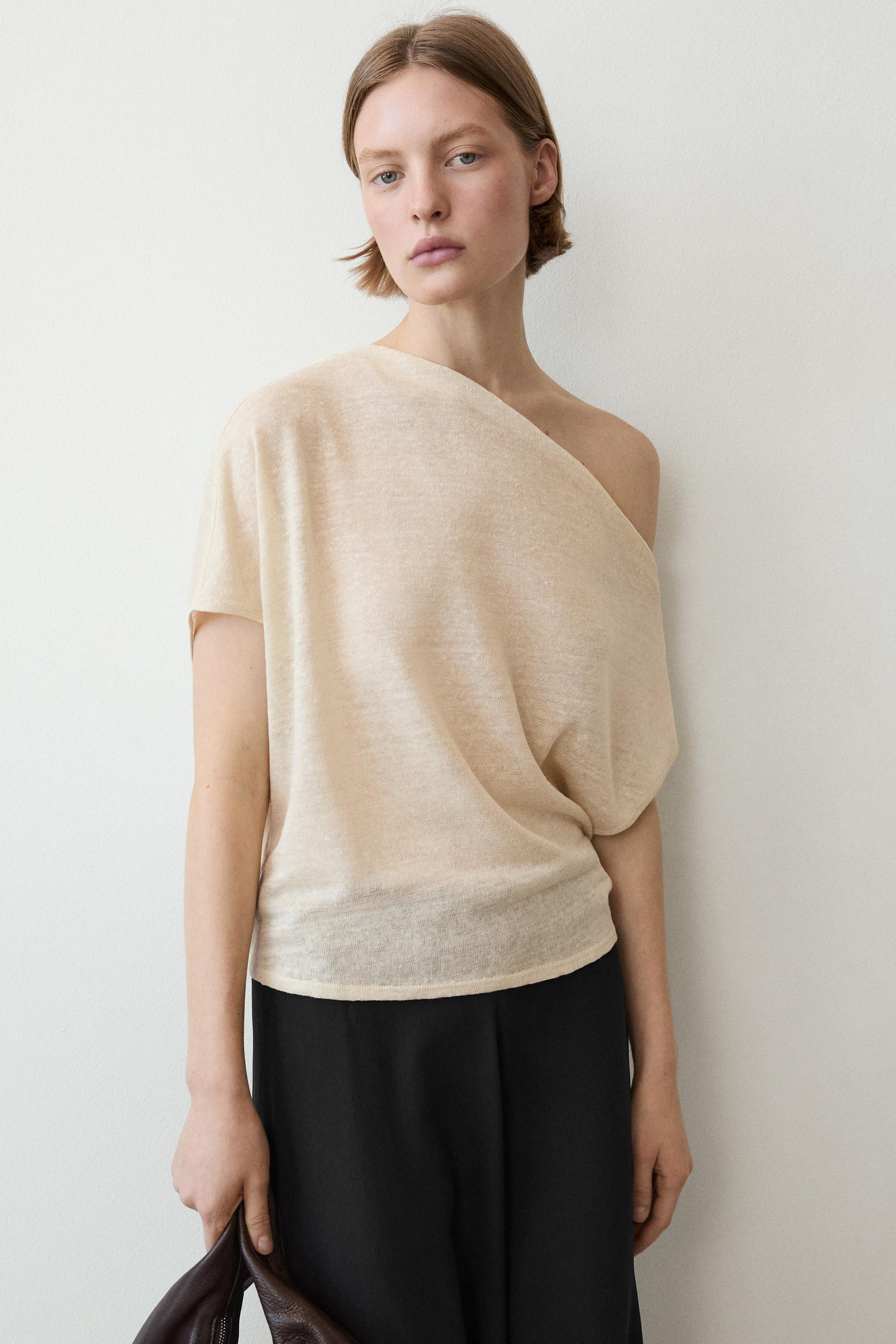 Linen blend asymmetric cropped cape — CREAM
