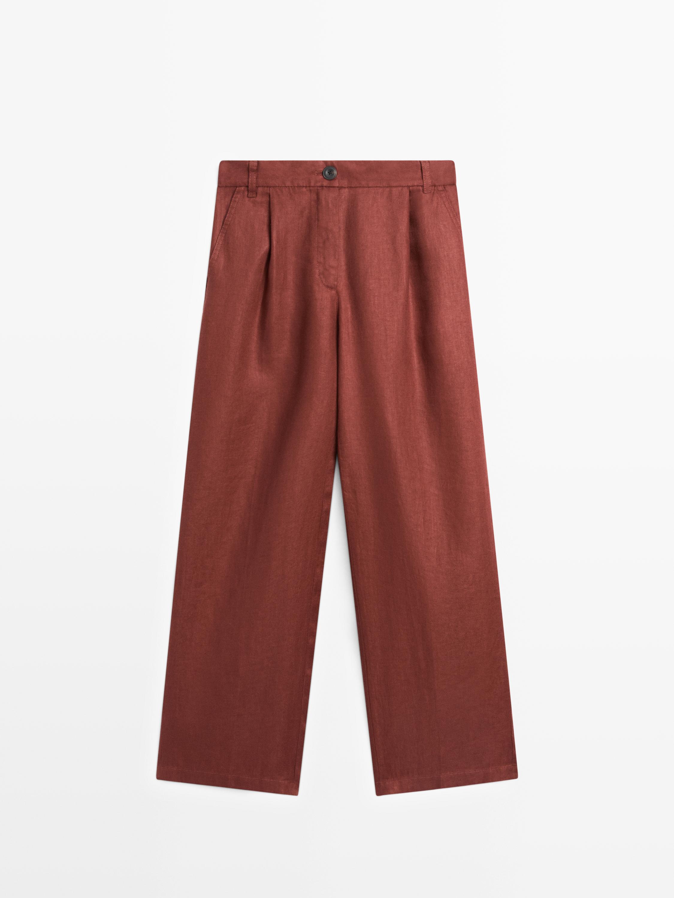 100% linen wide-leg elasticated trousers — Orange