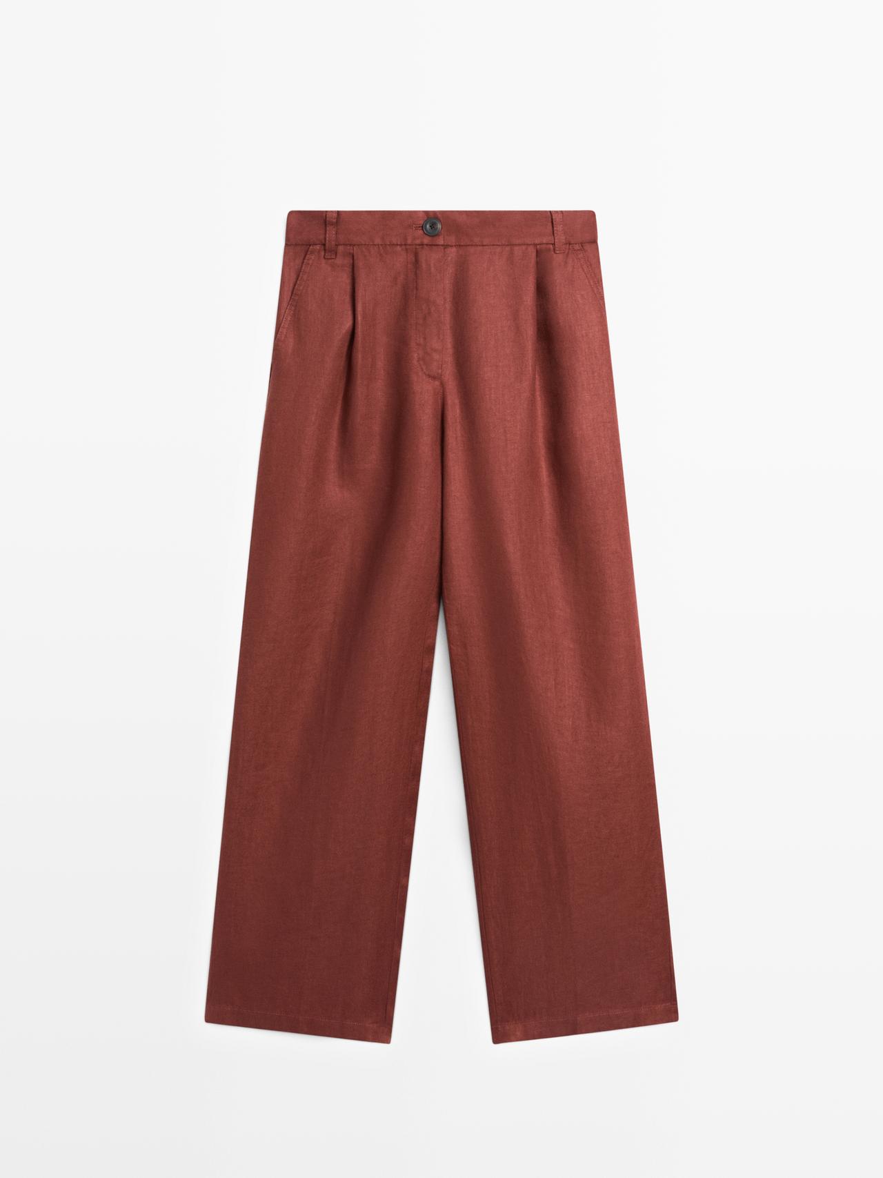 Massimo Dutti - Dames - 100% Linnen Wide-Leg Broek Met Elastiek - Oranje - 44