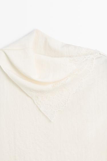 Asymmetric roll neck top with lace detail — CREAM 9