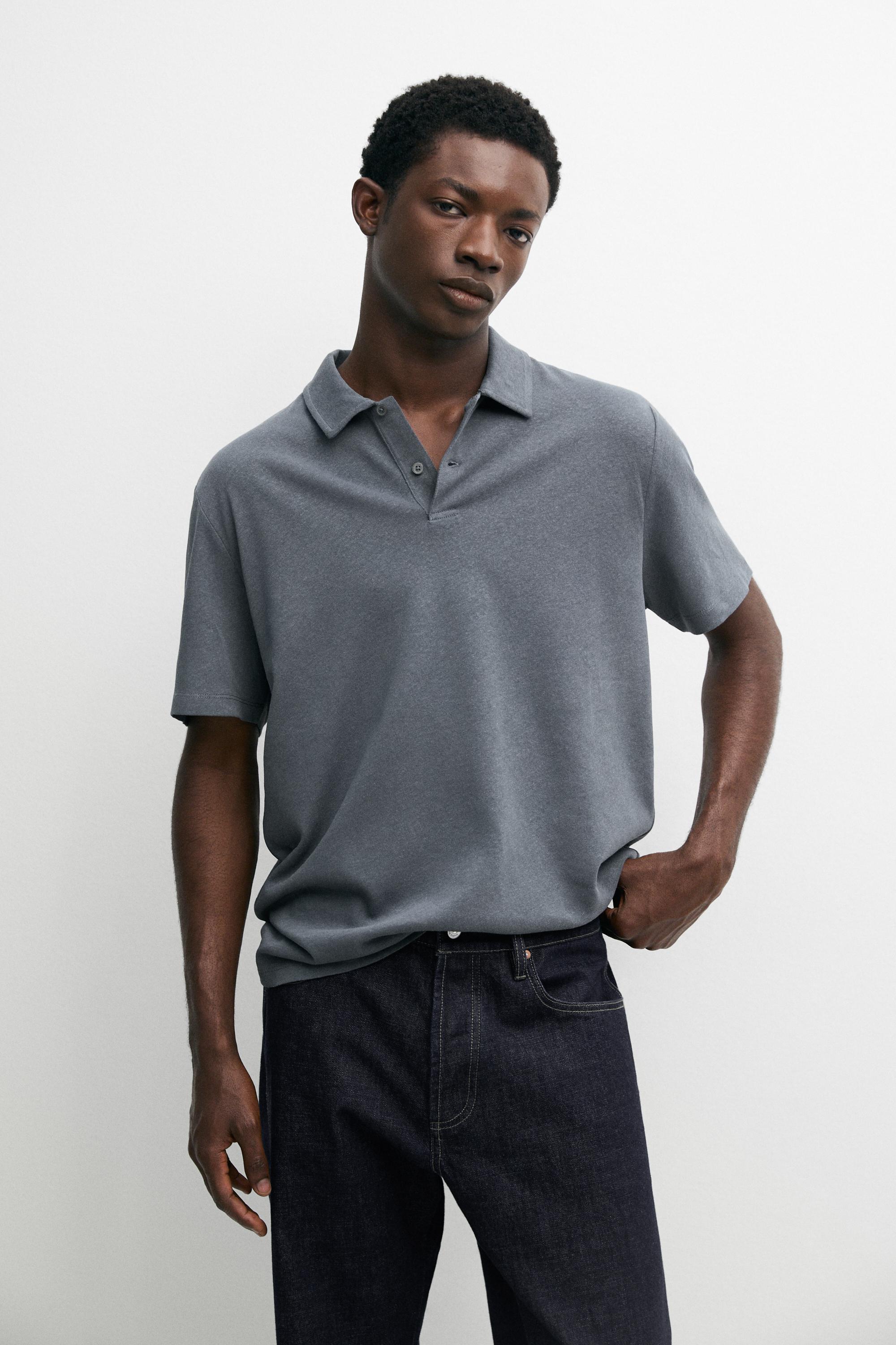 Linen and cotton short sleeve polo shirt — INDIGO