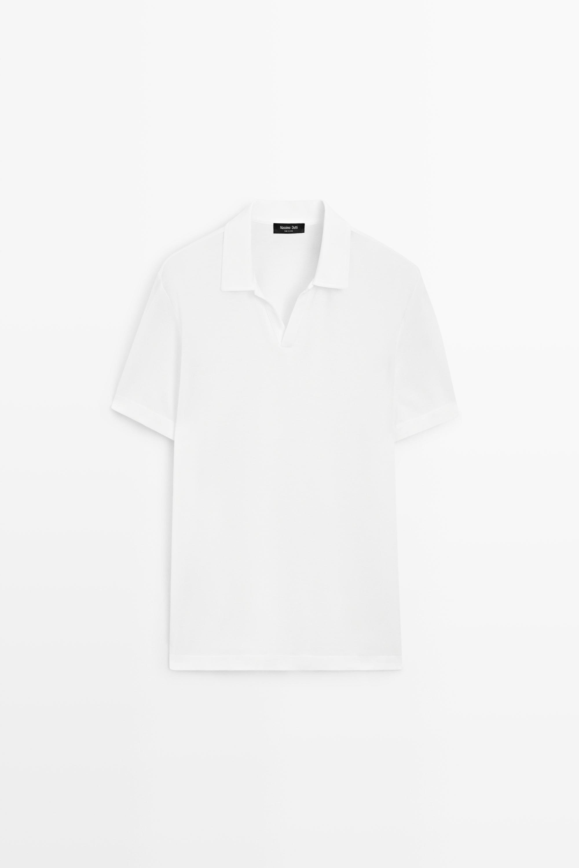 Micro-textured V-neck piqué polo shirt — WHITE