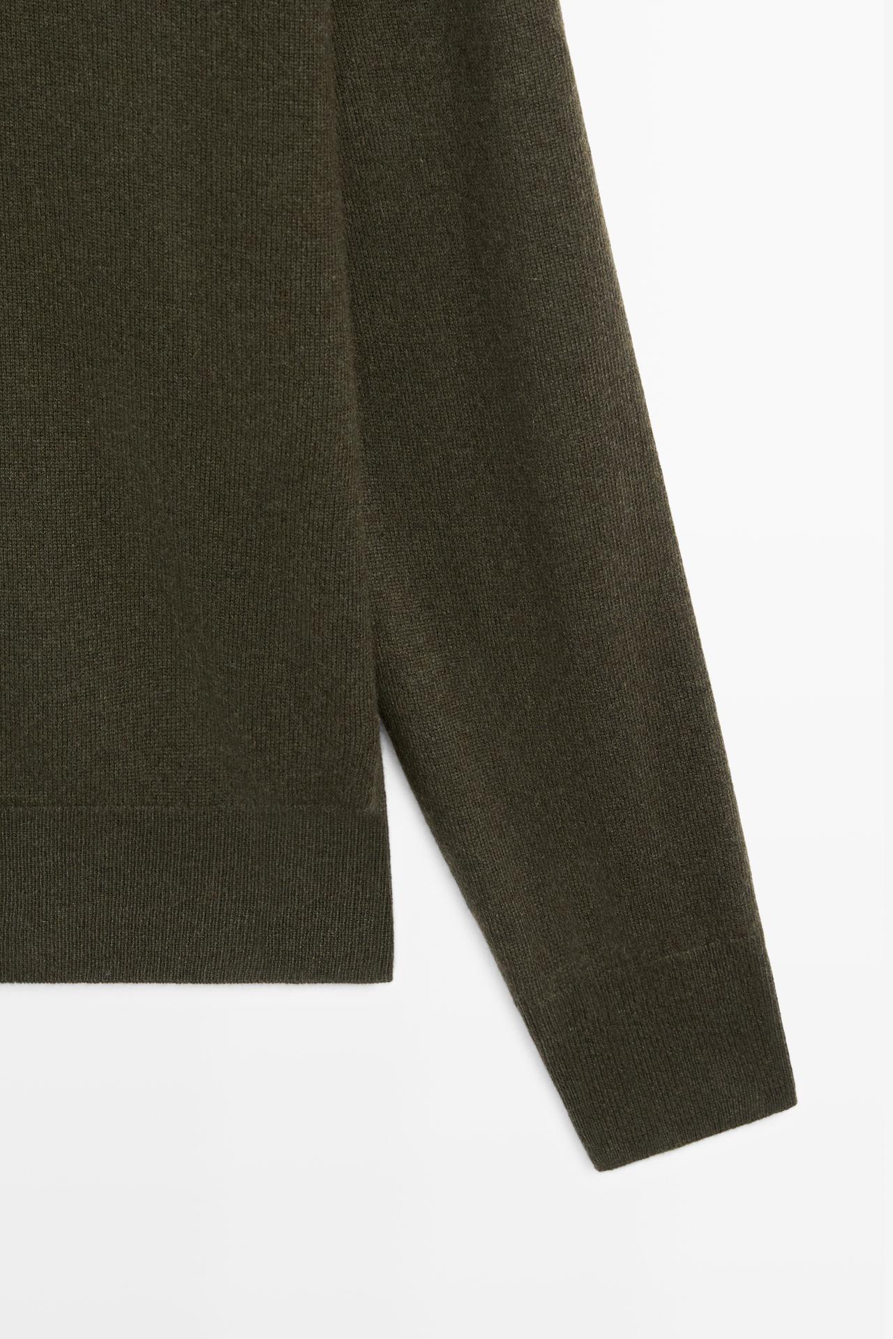 100% cashmere mock V-neck knit sweater — DARK GREEN
