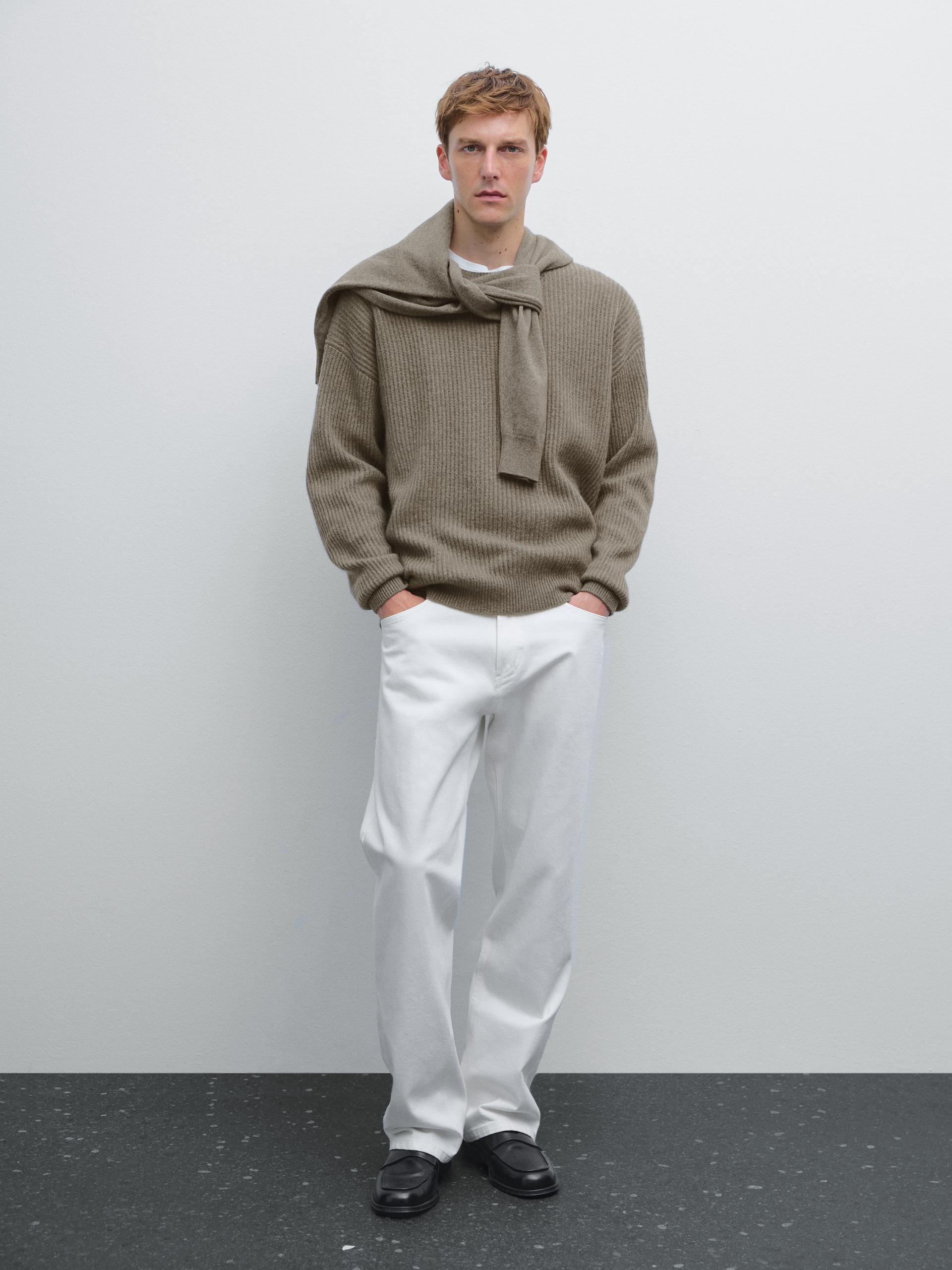 Pull En Maille Côtelée 100 % Cachemire - Kaki Sombre - L - Massimo Dutti - Homme
