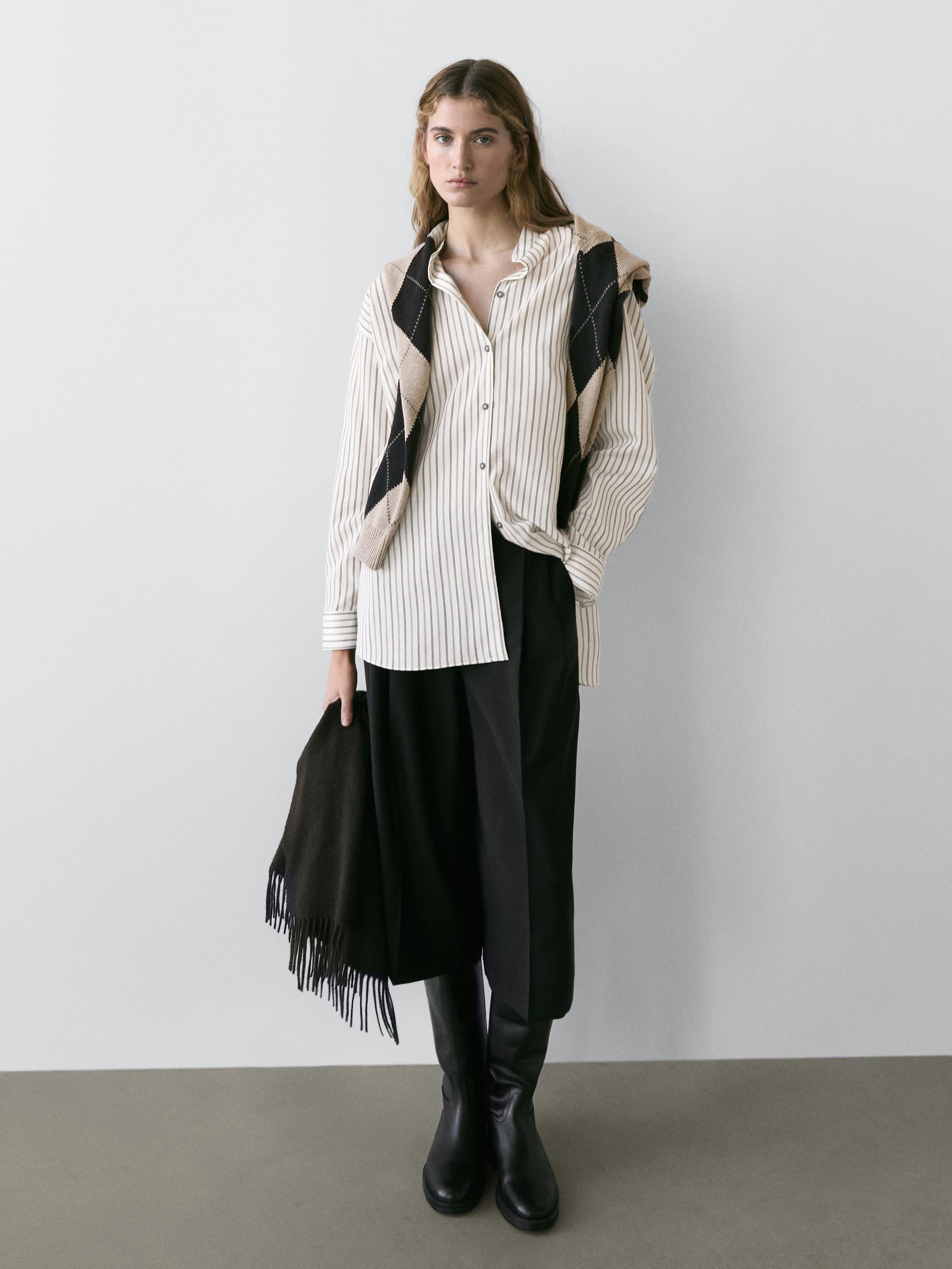 Striped flowing shirt with stand collar — Off white