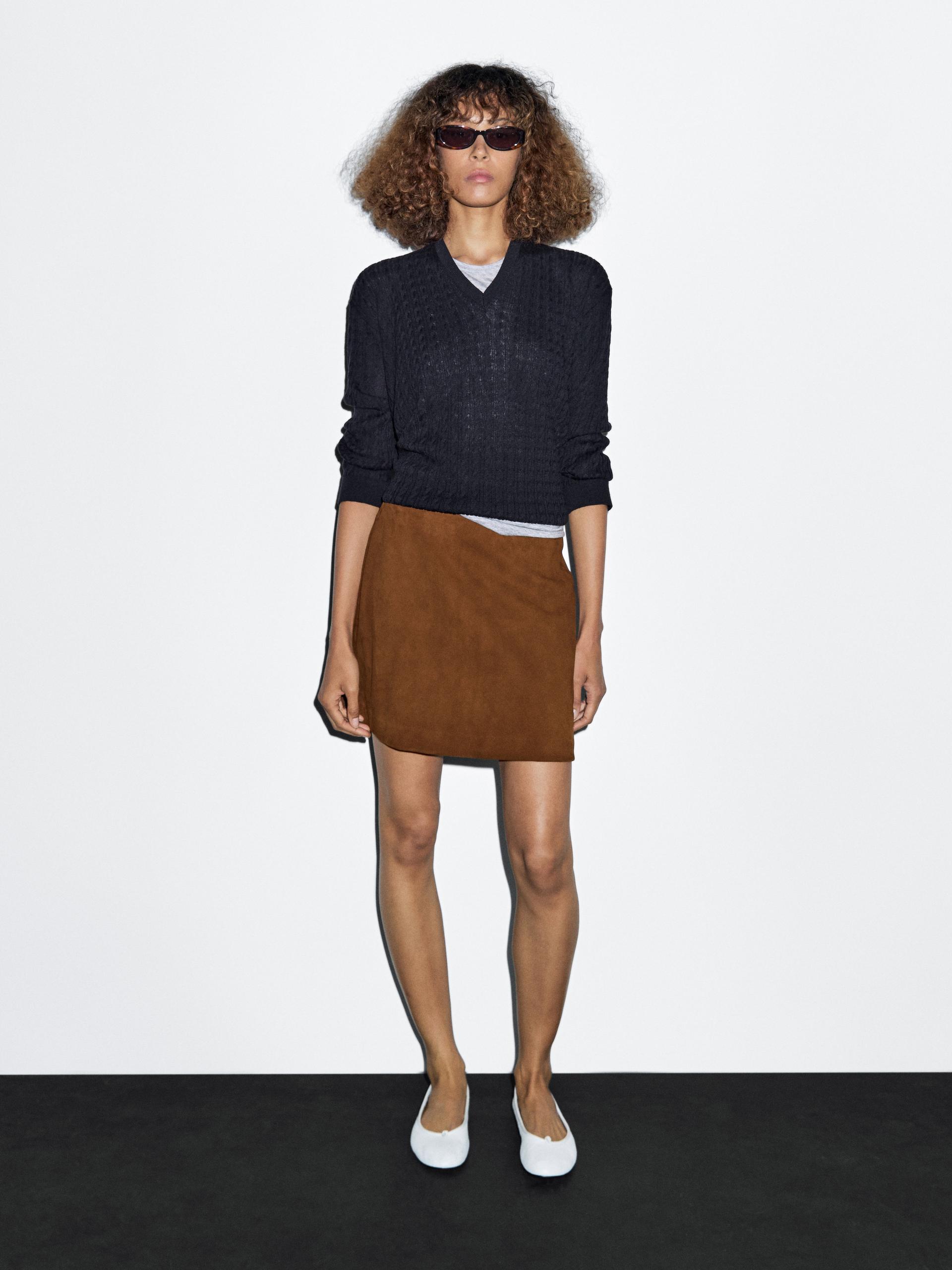 Falda Mini Piel Napa Ante Pespunte - Coñac - S - Massimo Dutti - Mujer