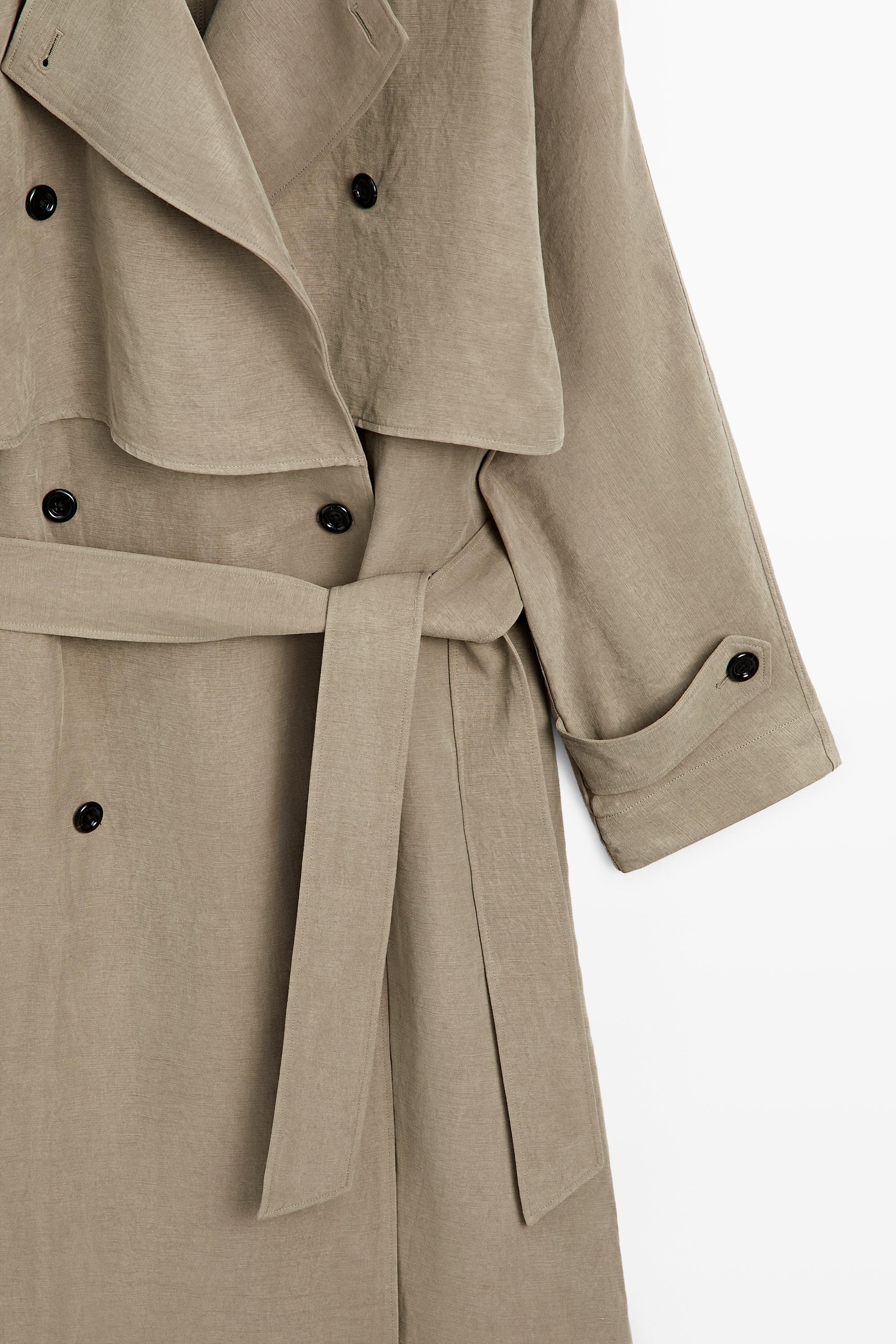 Linen blend trench coat with belt detail — SAND BROWN