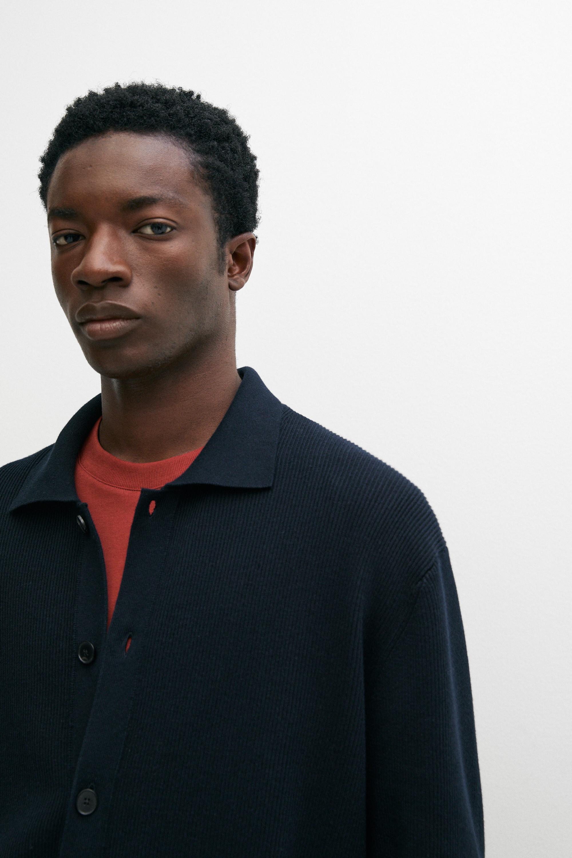 100% cotton polo collar knit cardigan — NAVY BLUE