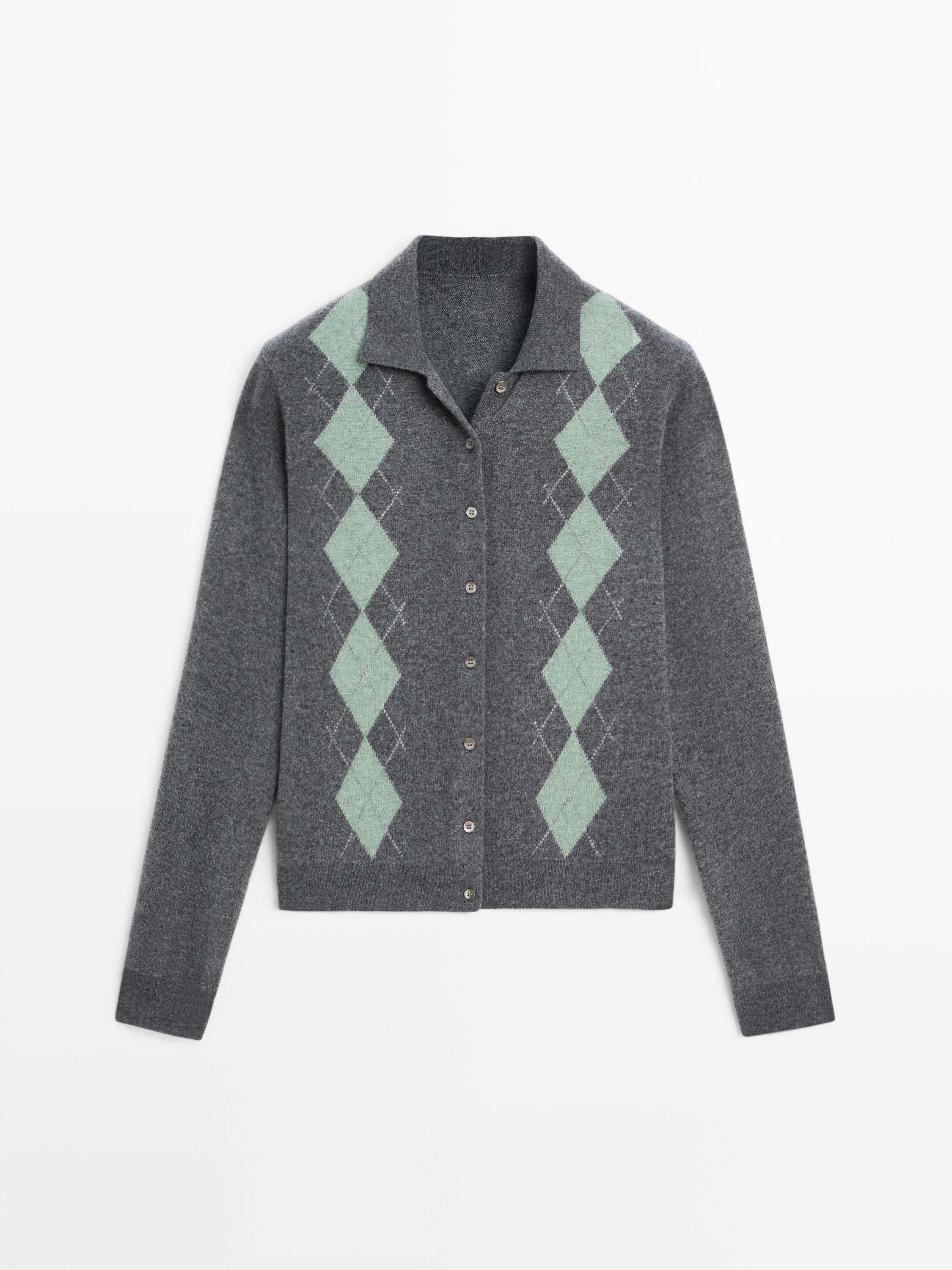 Wool blend argyle knit cardigan