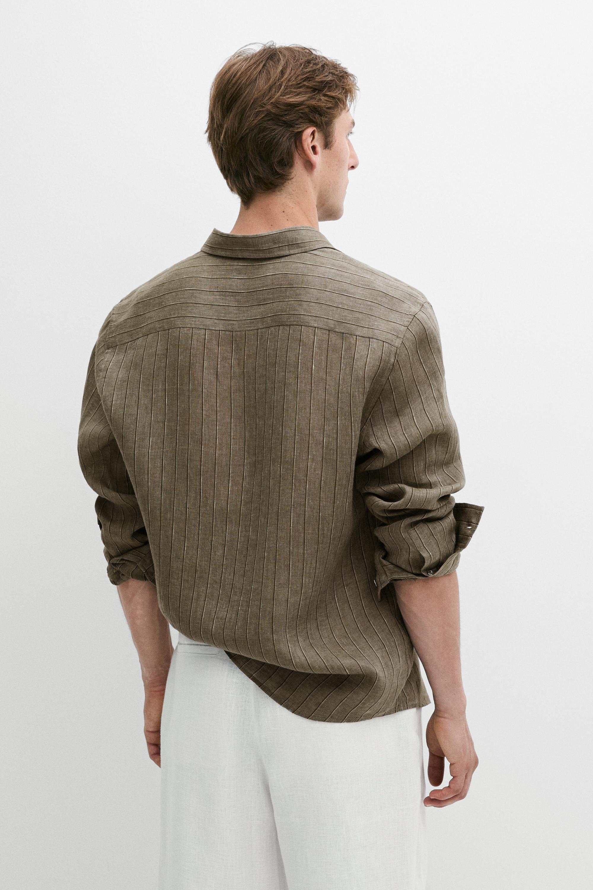 100% linen regular fit striped shirt — DARK GREEN