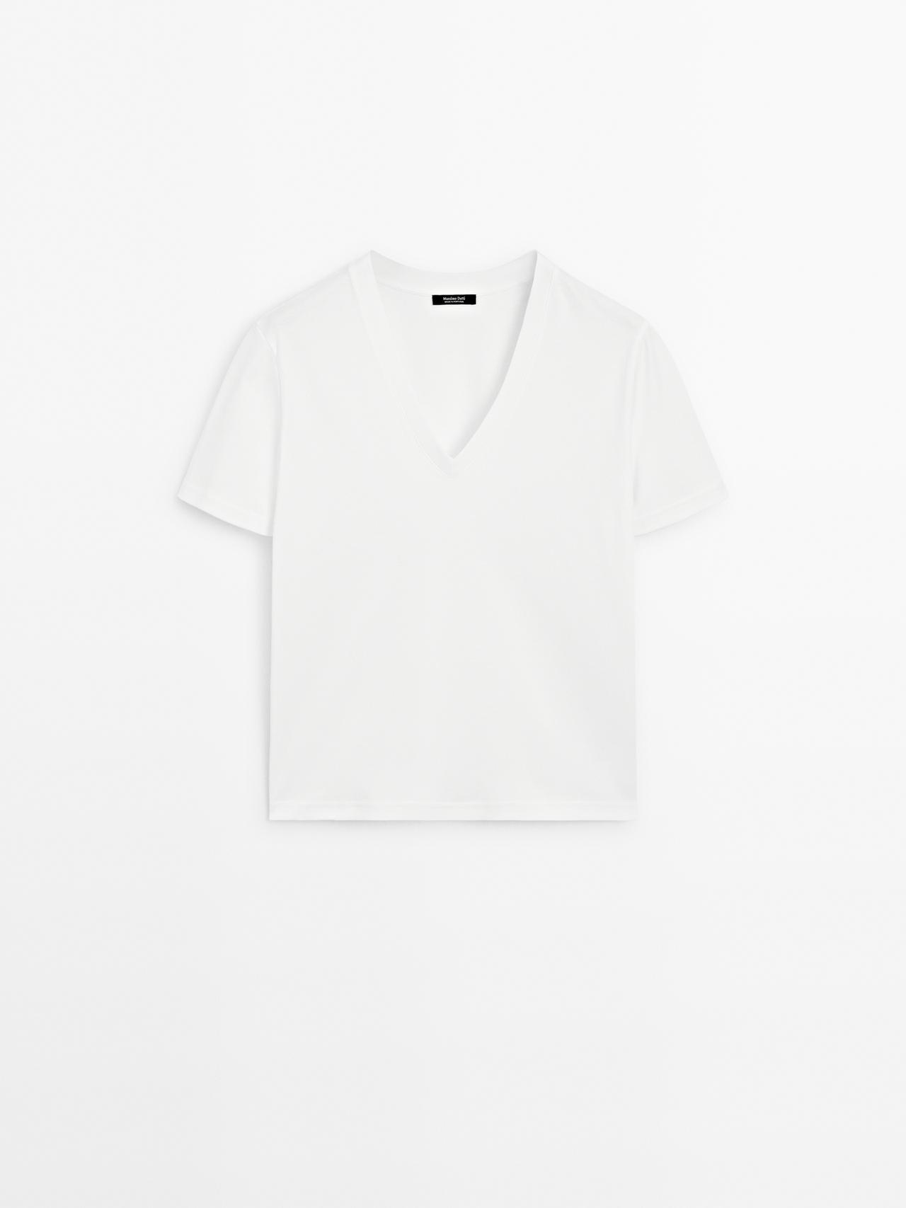 Massimo Dutti - Dame - T-Shirt Med V-Udskæring I 100% Flæse - Hvid - S