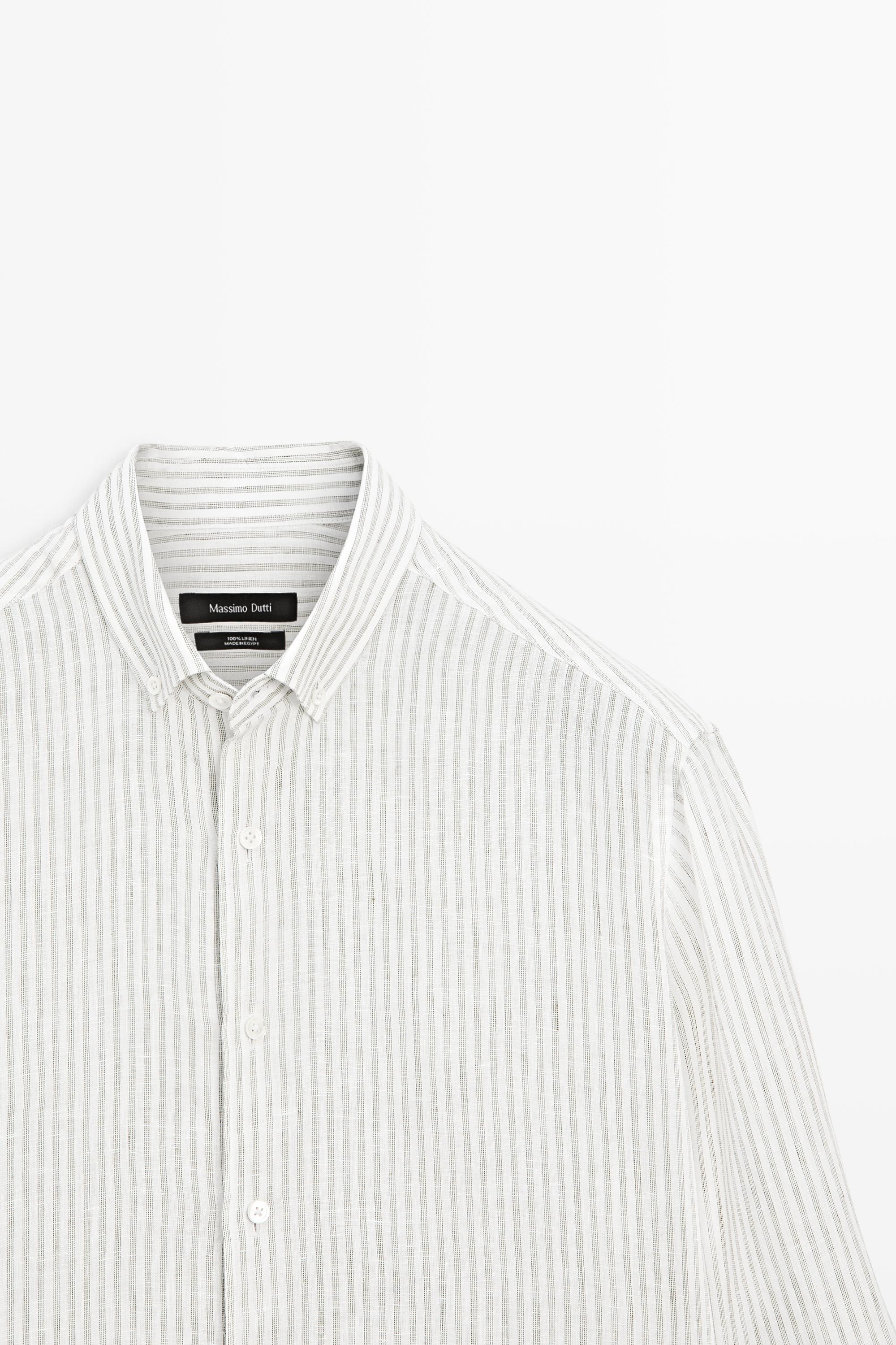 100% linen pinstriped slim fit shirt — GREEN