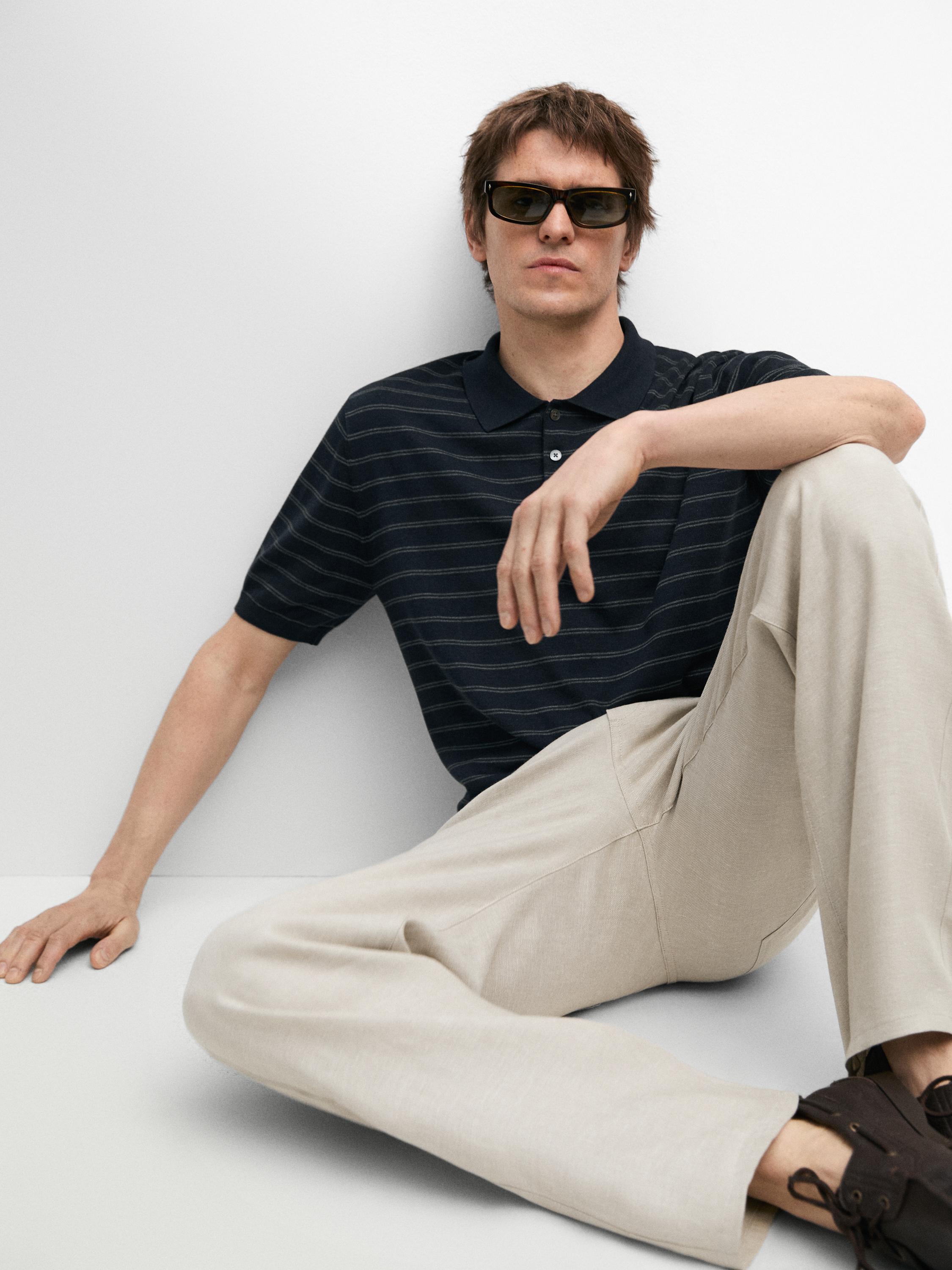 Cotton blend knit polo shirt with striped detail — NAVY BLUE