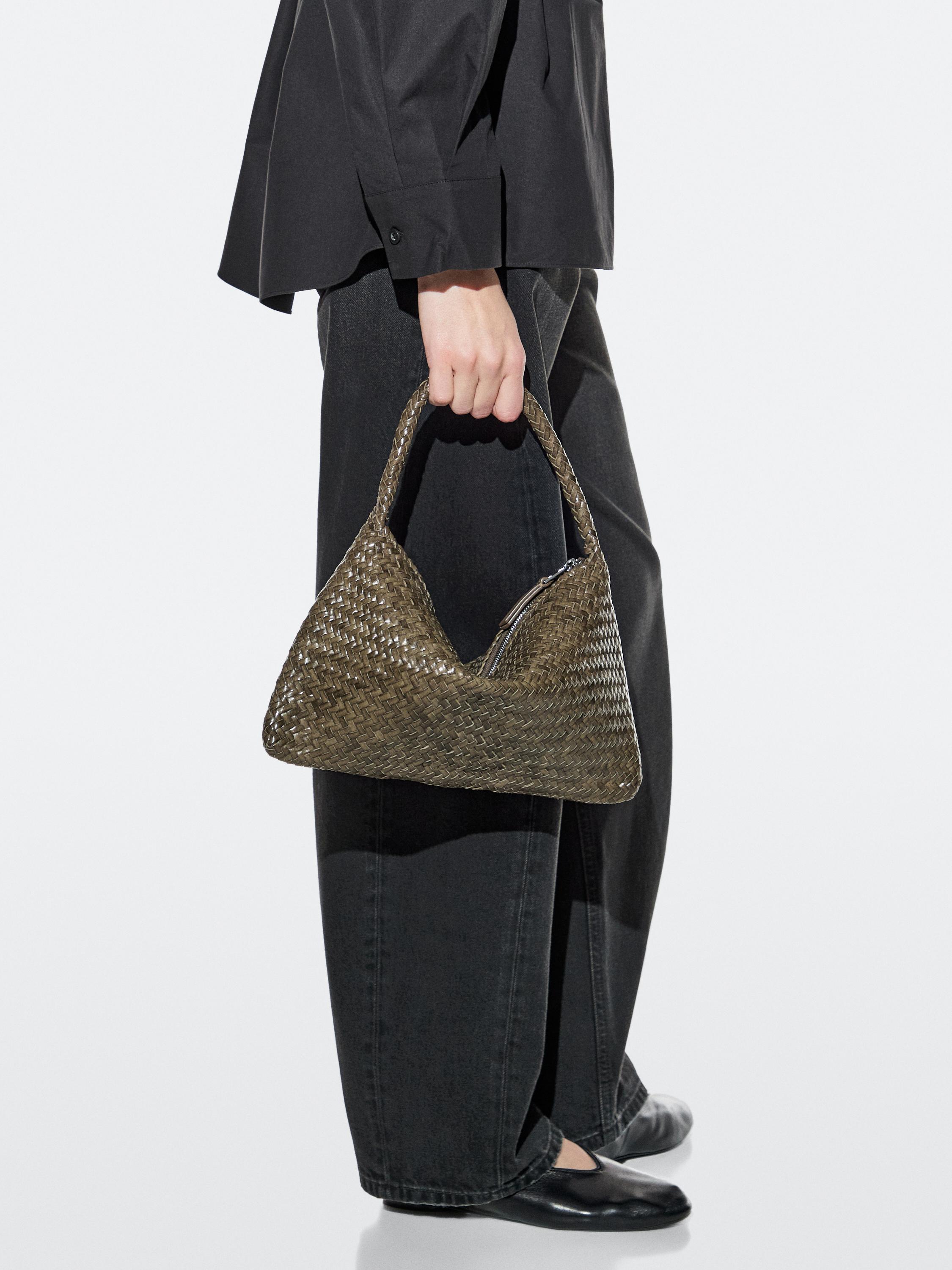 Small braided leather shoulder bag — KHAKI