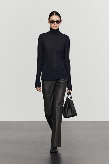 Ribbed high neck knit sweater — NAVY BLUE 1