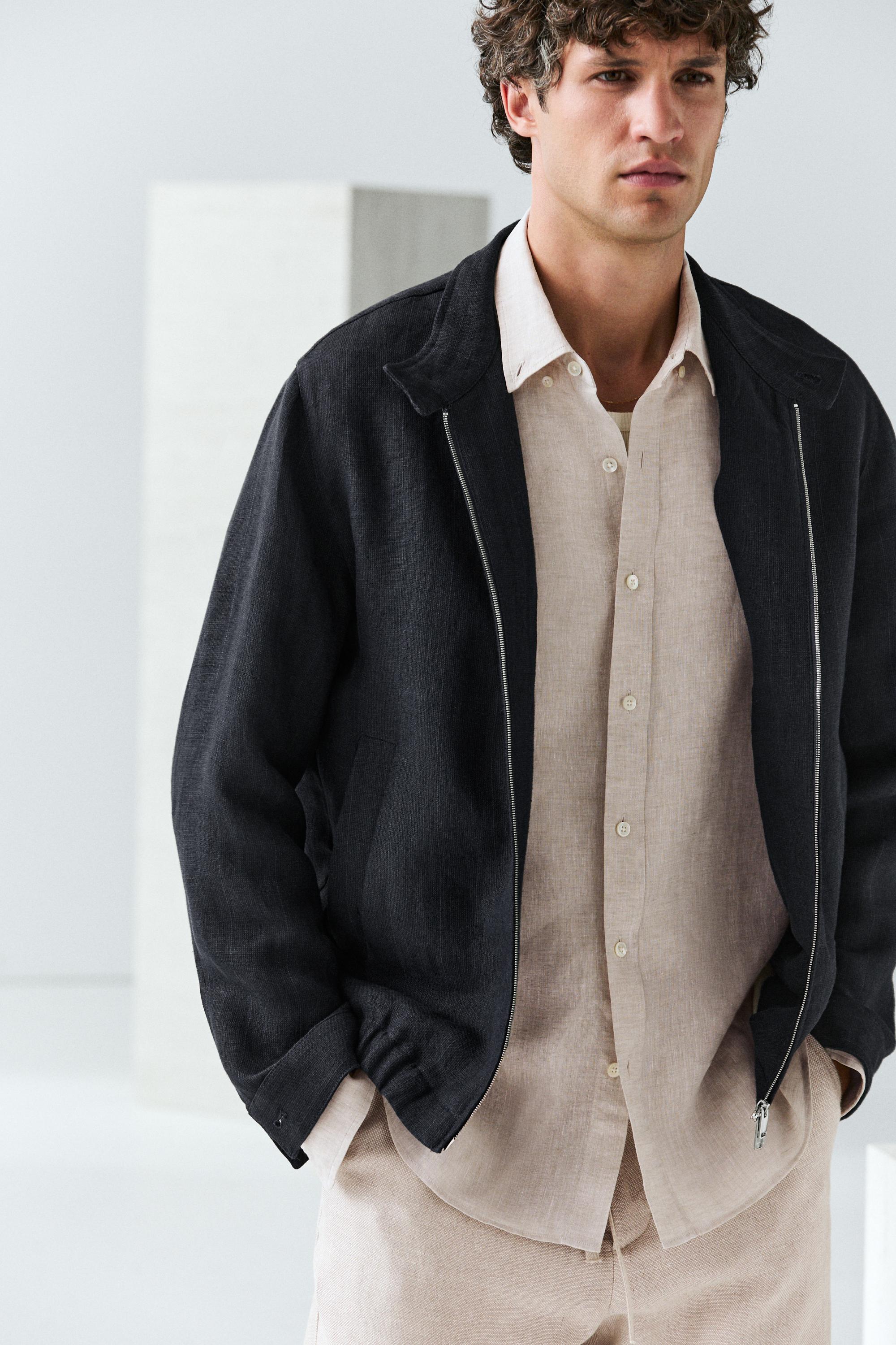 100% linen banded collar jacket — NAVY BLUE