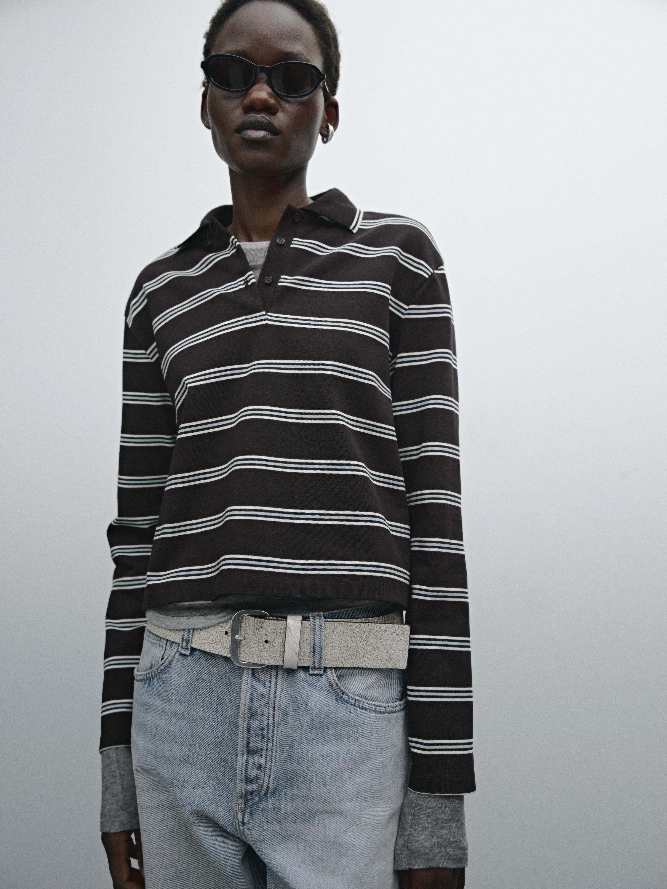 Striped cotton knit polo T-shirt