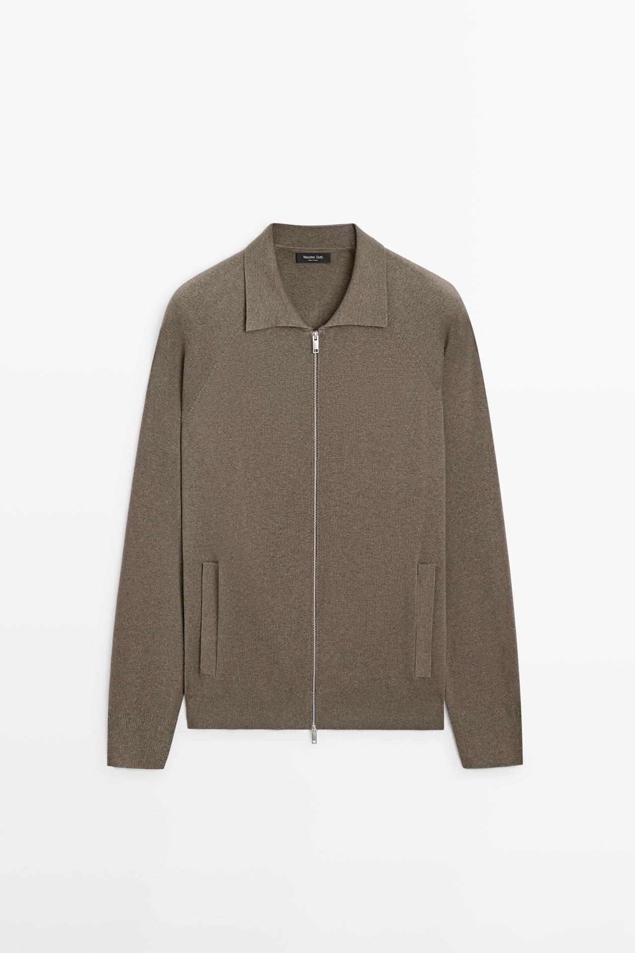 Massimo Dutti - Herre - Strikket Cardigan I Bomuldsblanding Med Lynlåslukning - Kaki - L