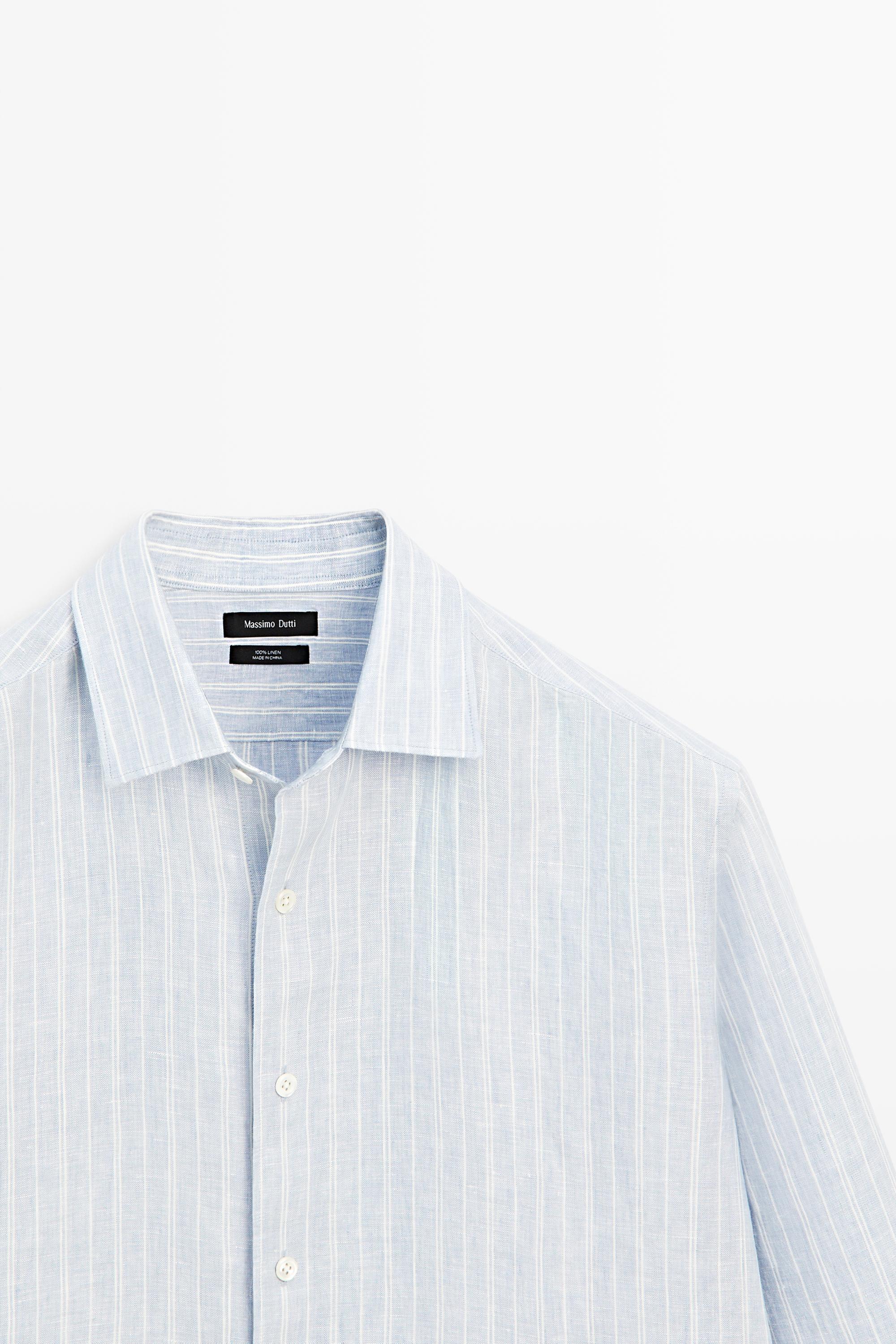 100% linen regular fit faded striped shirt — BLUE