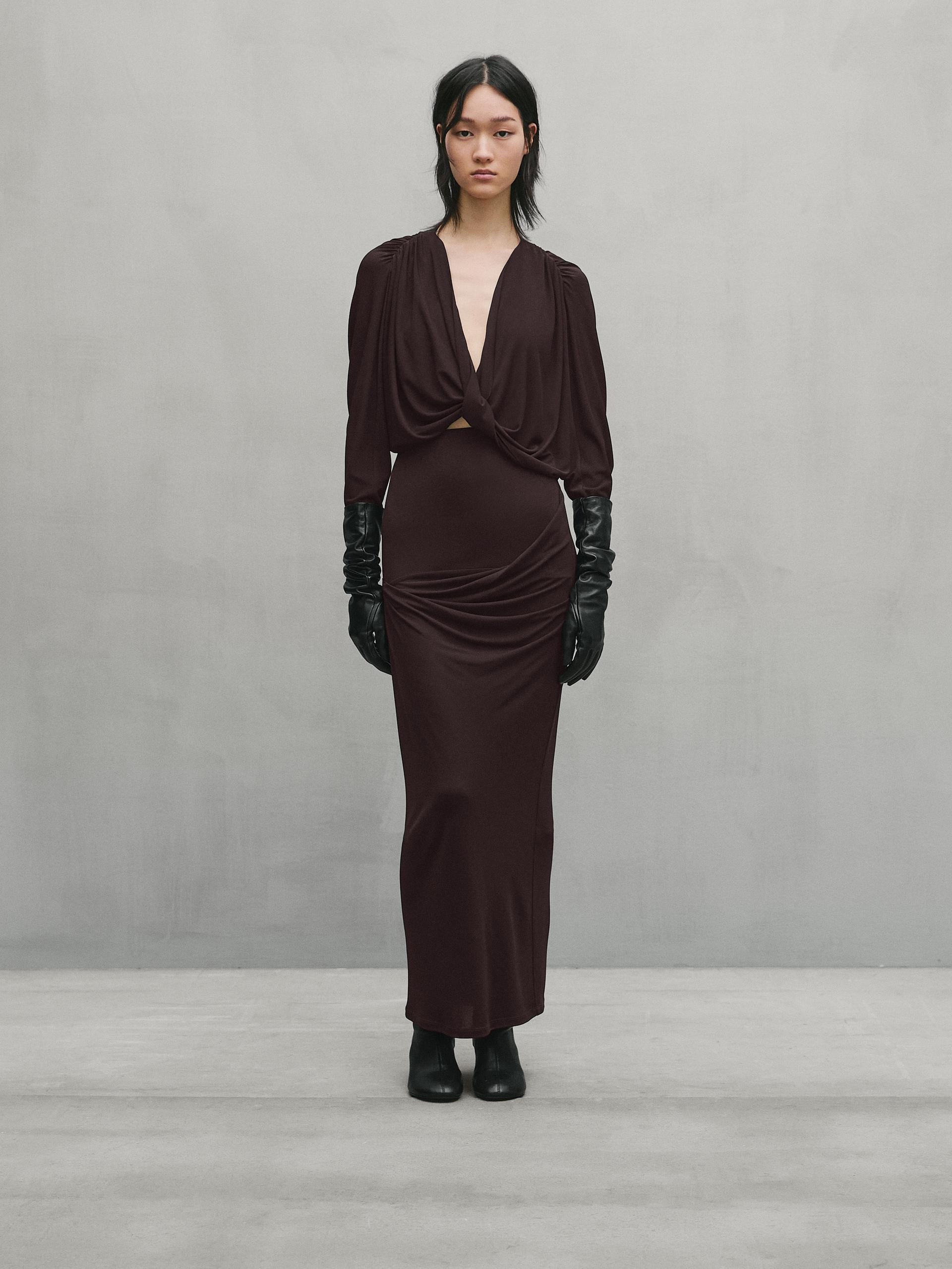 T-Shirt Fluide Et Satiné Avec Nœud - Studio - Marron - Xs - Massimo Dutti - Femme
