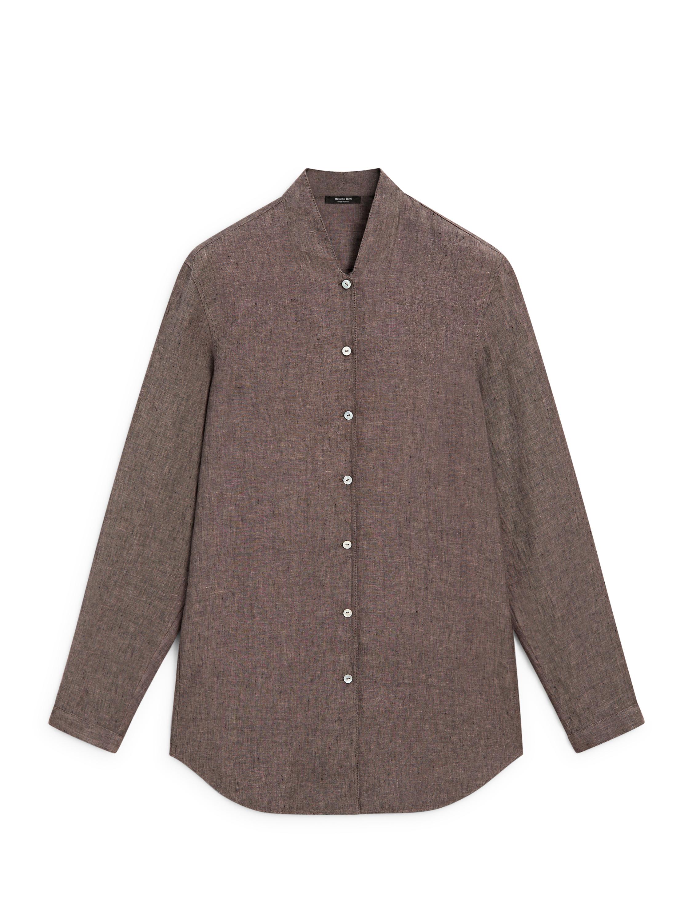 100% linen V-neck shirt — BROWN
