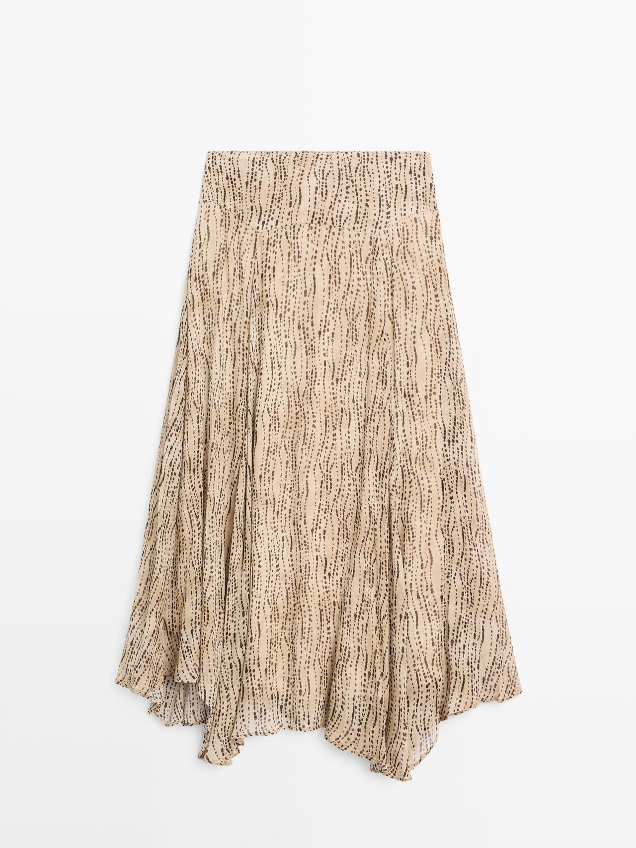 Massimo Dutti - Dames - Klokkende Halflange Rok Met Stippenprint - Steen - 42