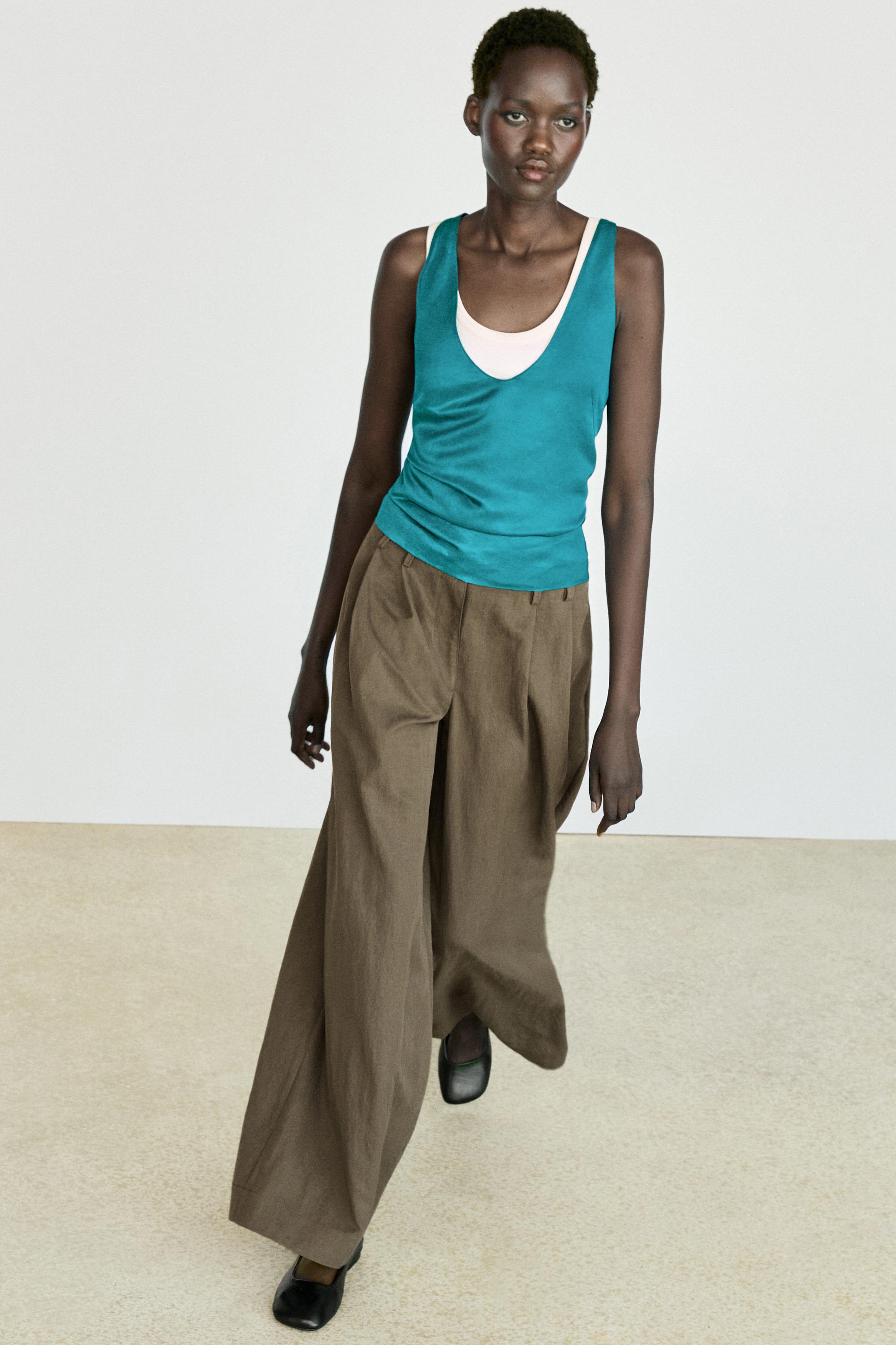 Satin linen blend V-neck top — TURQUOISE