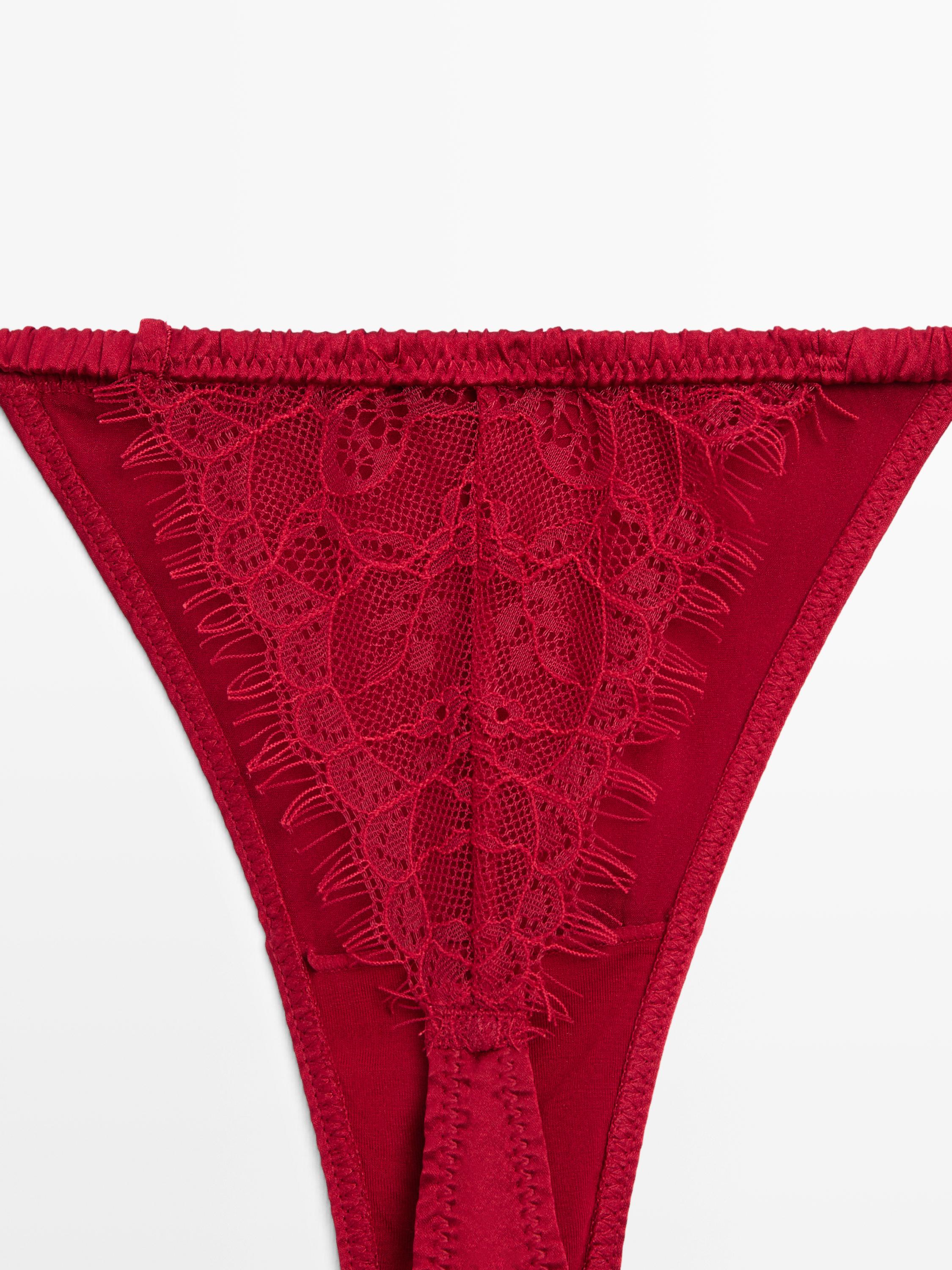 Silk thong with lace detail — RED