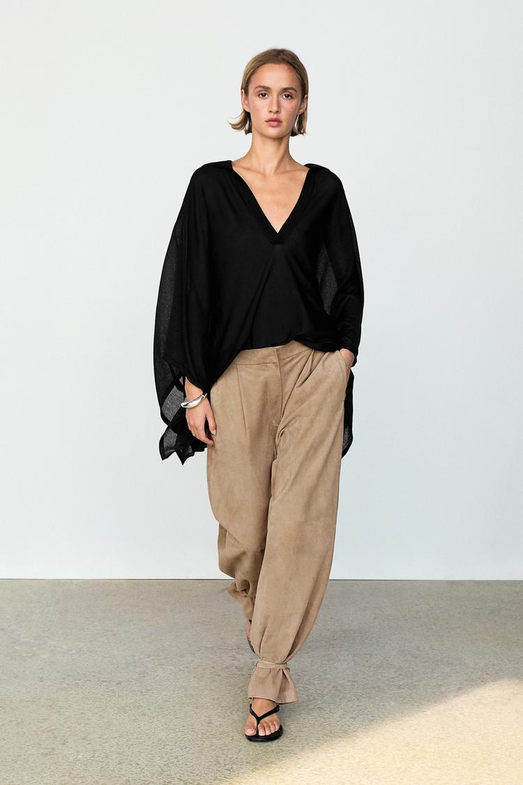Metallic detail polo collar flowing cape — BLACK
