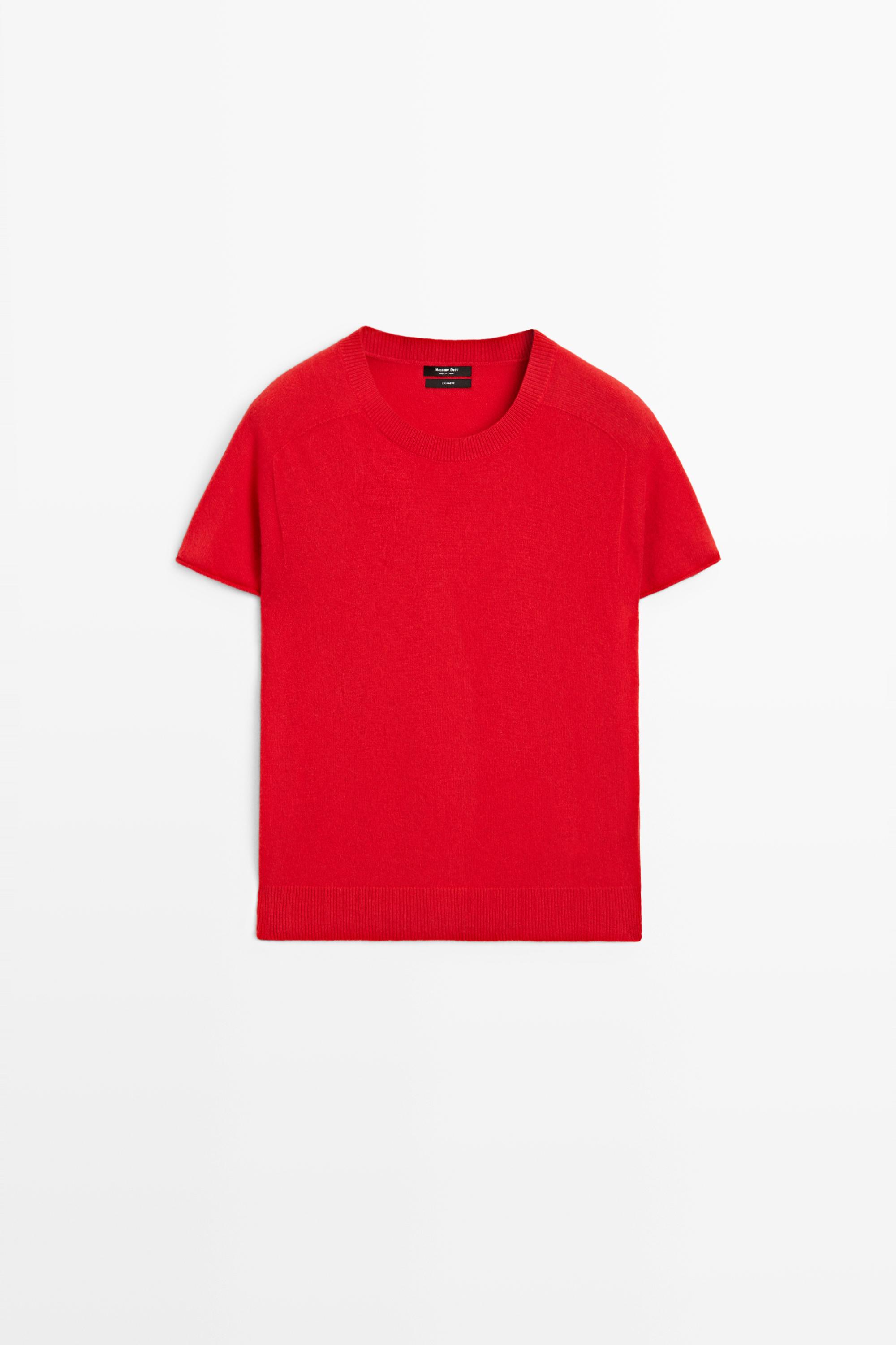 100% cashmere short sleeve knit sweater — RED
