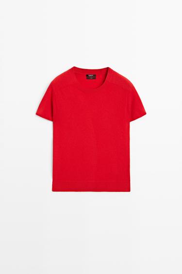 100% cashmere short sleeve knit sweater — RED 2