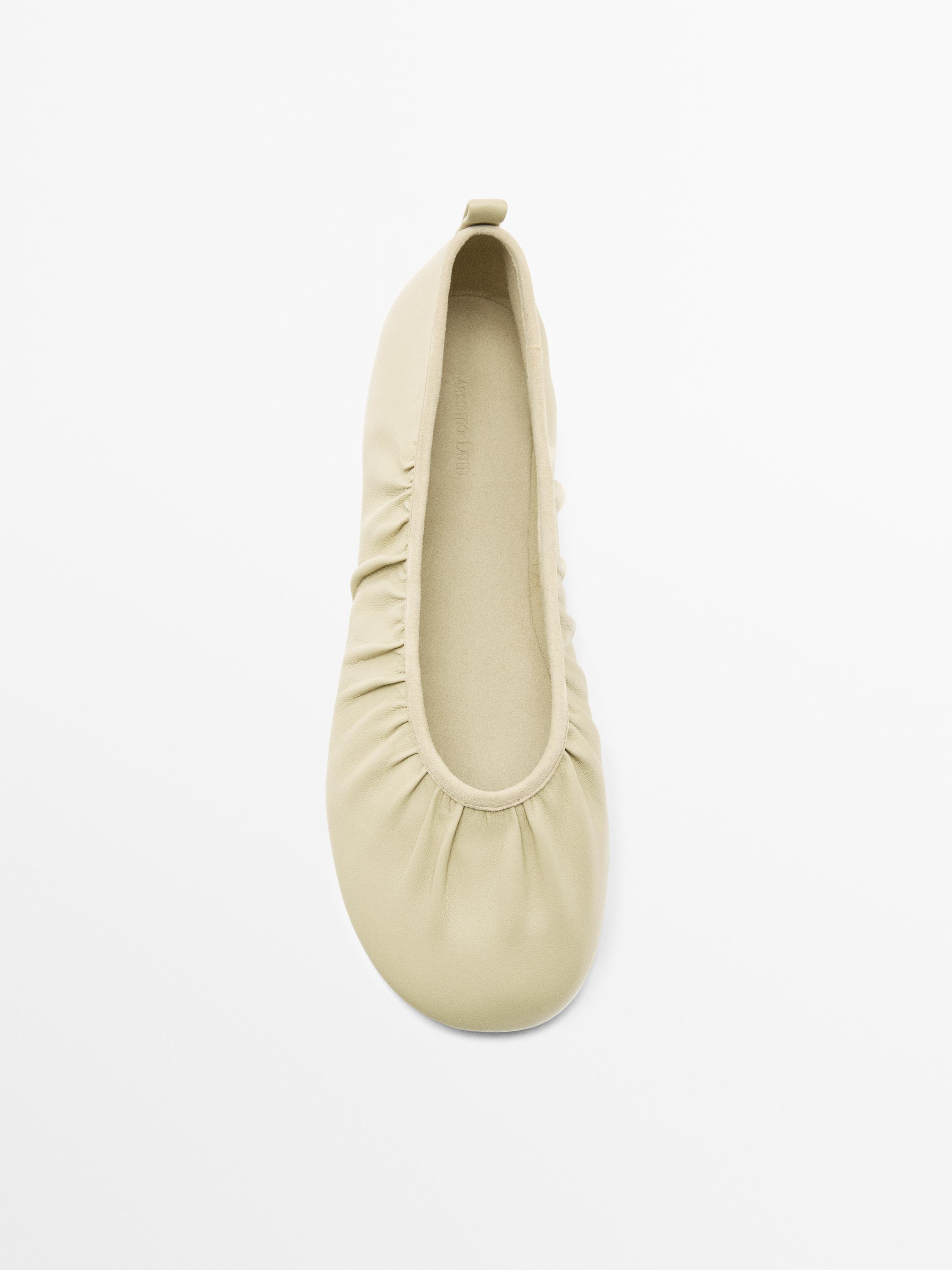 Soft leather ballet flats with gathered detail — BEIGE