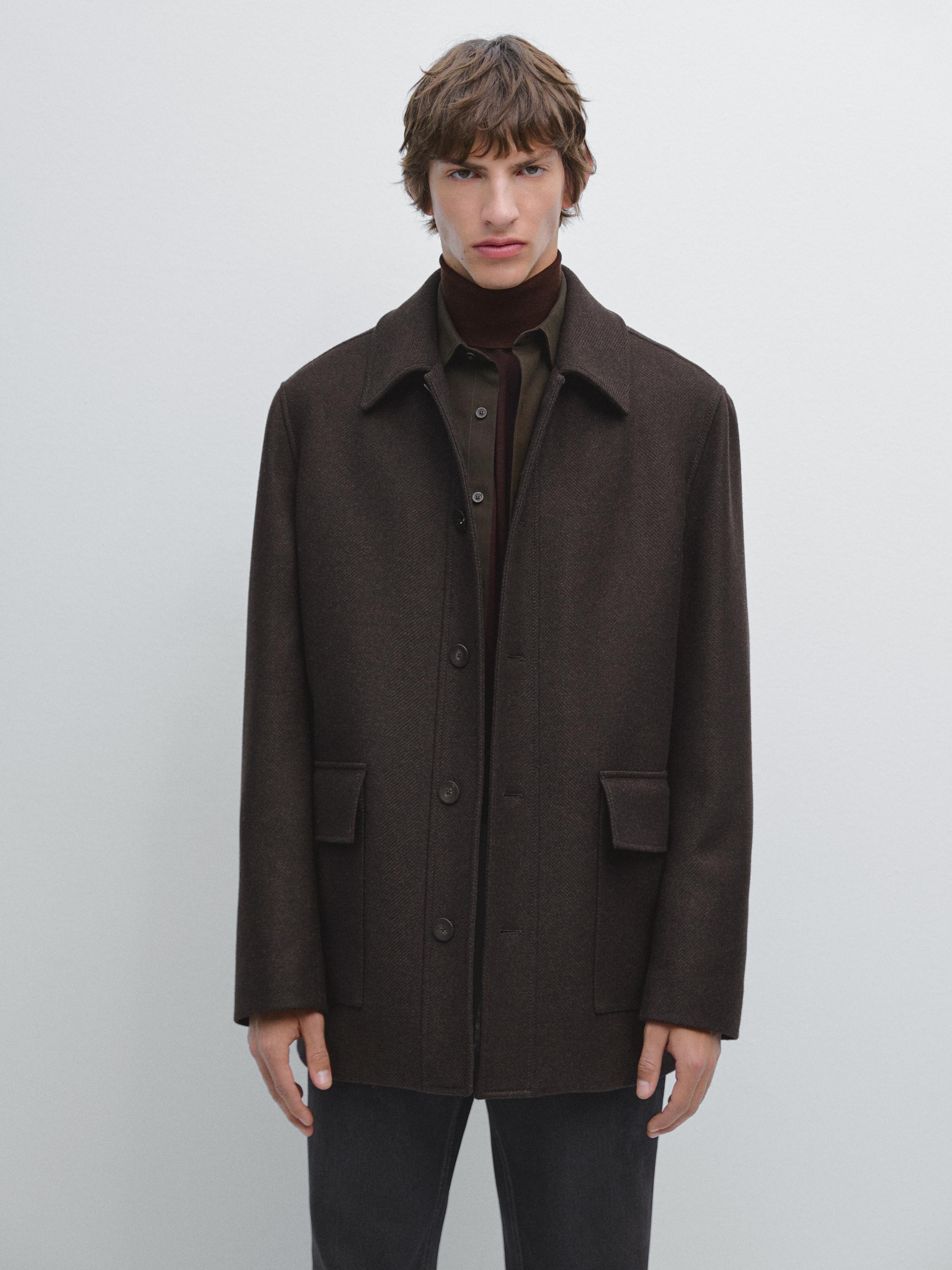Manteau midi à chevrons en mélange de laine