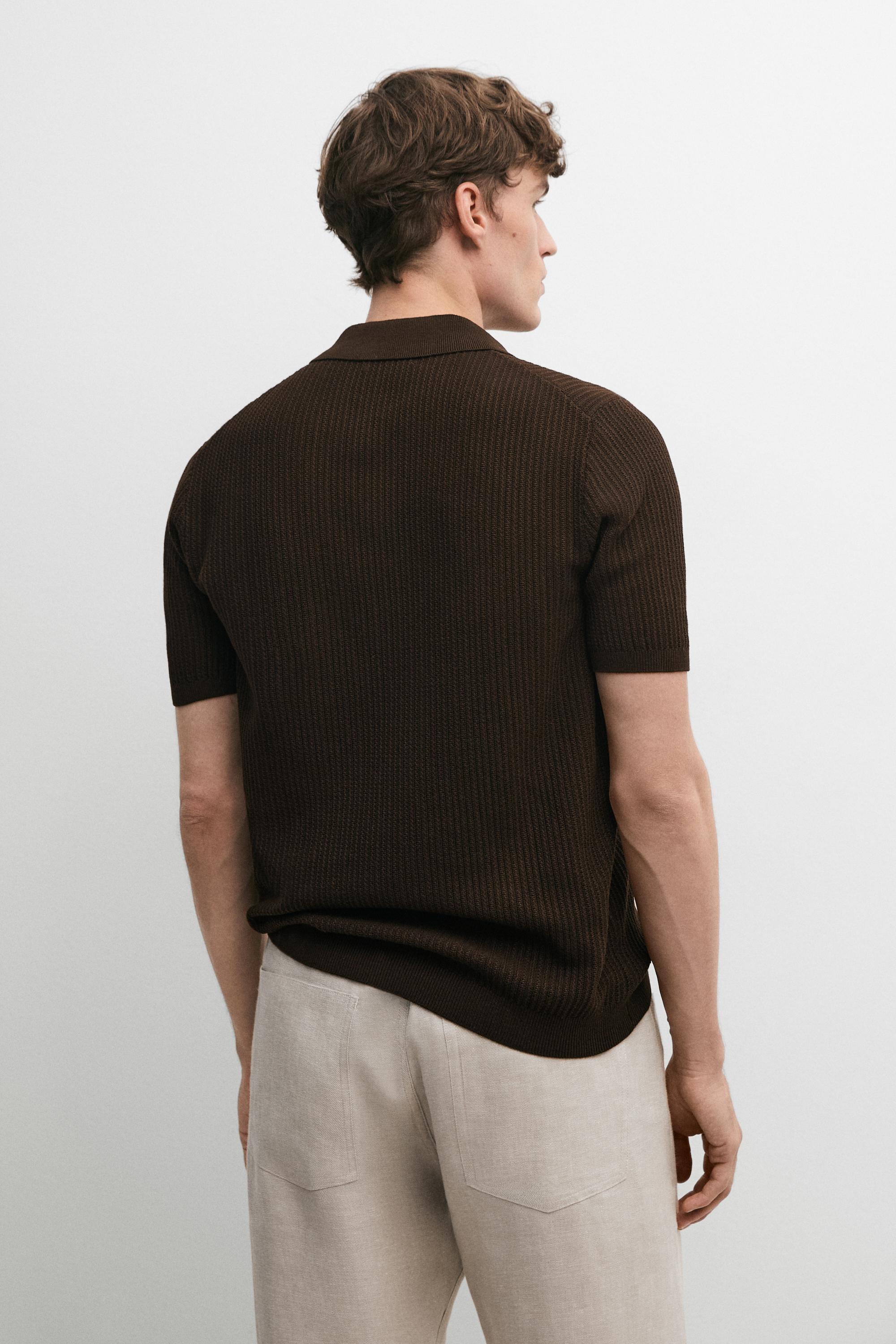 100% cotton textured knit polo sweater — BROWN MARL