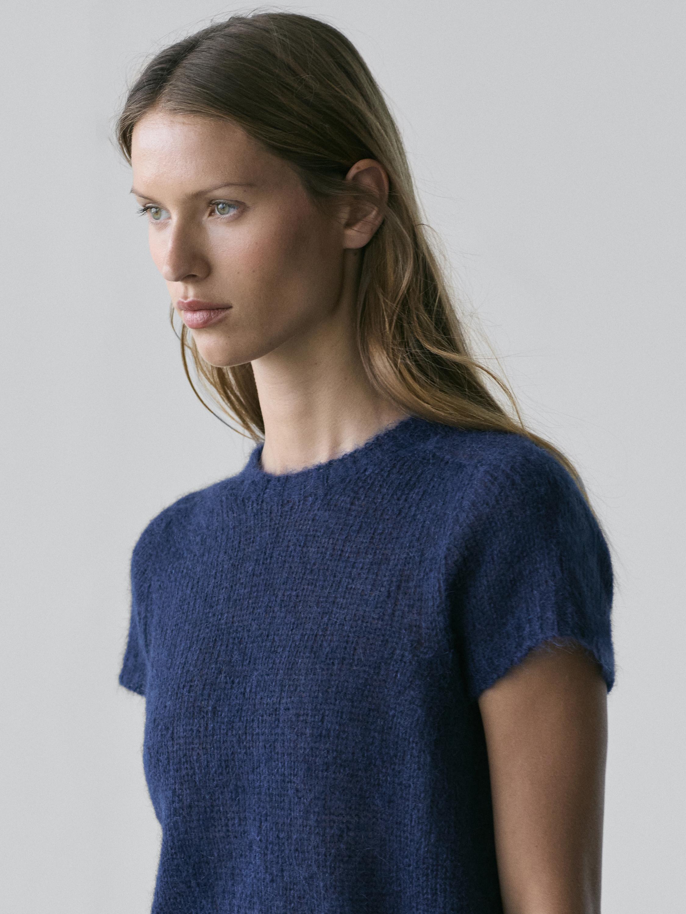 Short sleeve knit alpaca blend sweater — Dark Blue