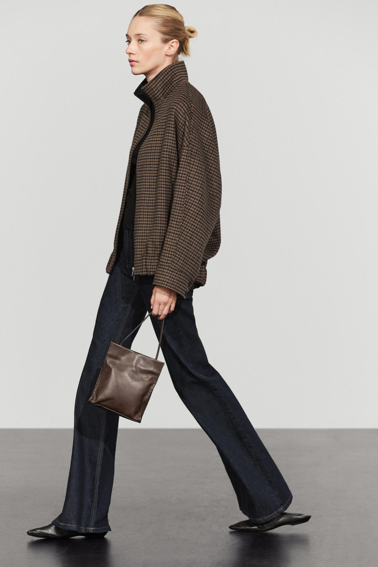 Gingham bomber jacket with removable scarf — BROWN