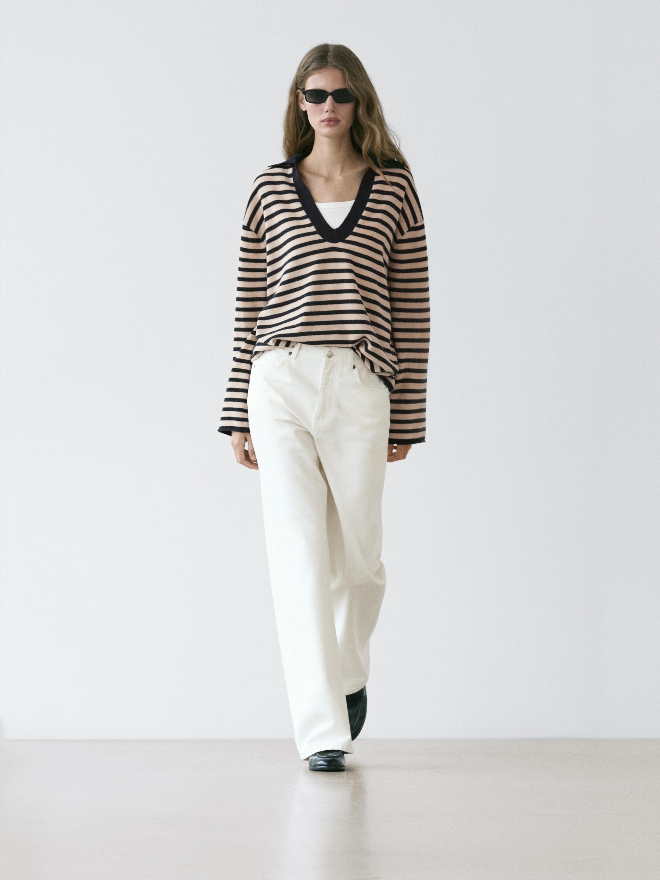 Striped V-neck knit sweater