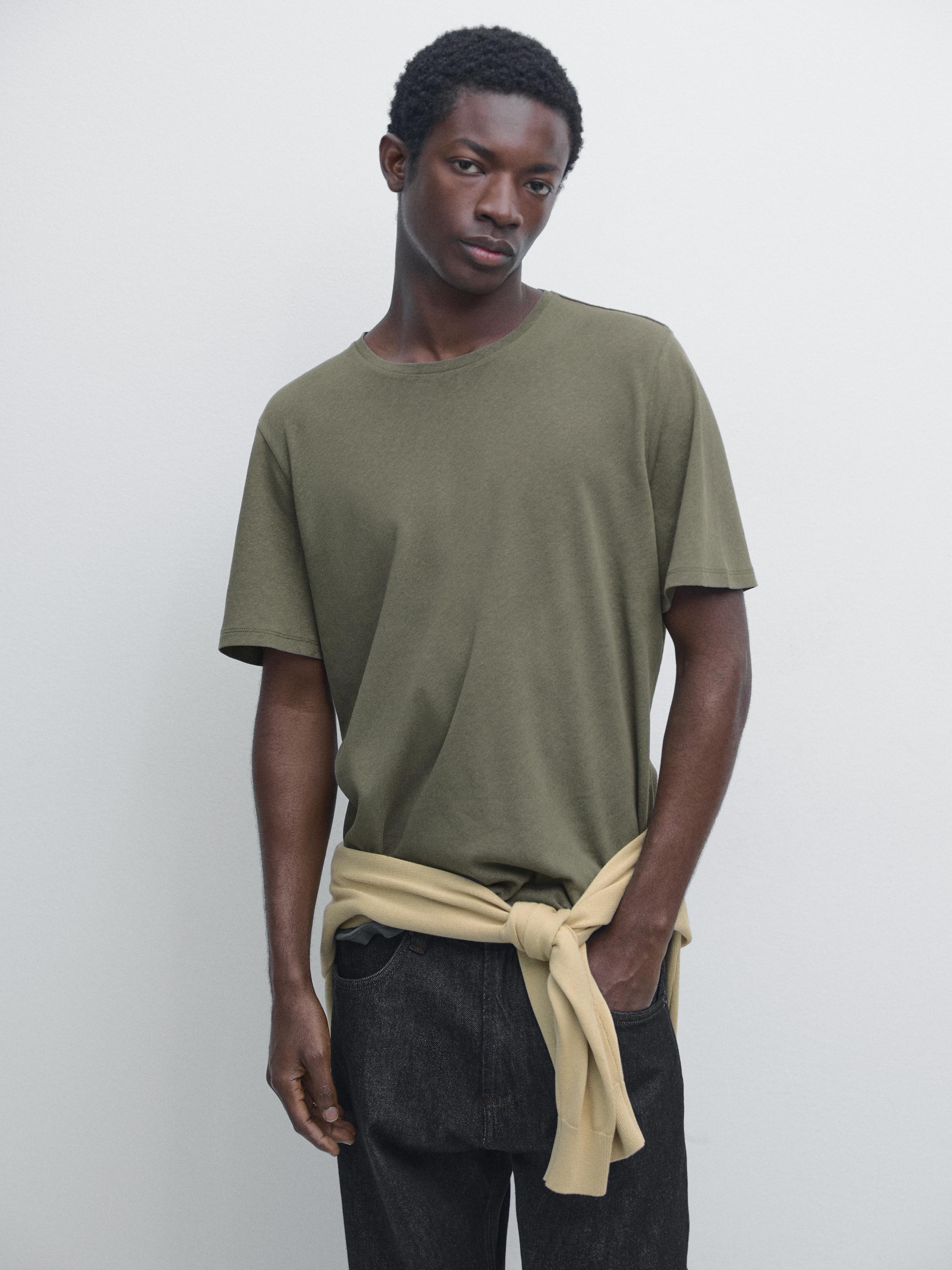 Short sleeve linen and cotton T-shirt — PALE KHAKI