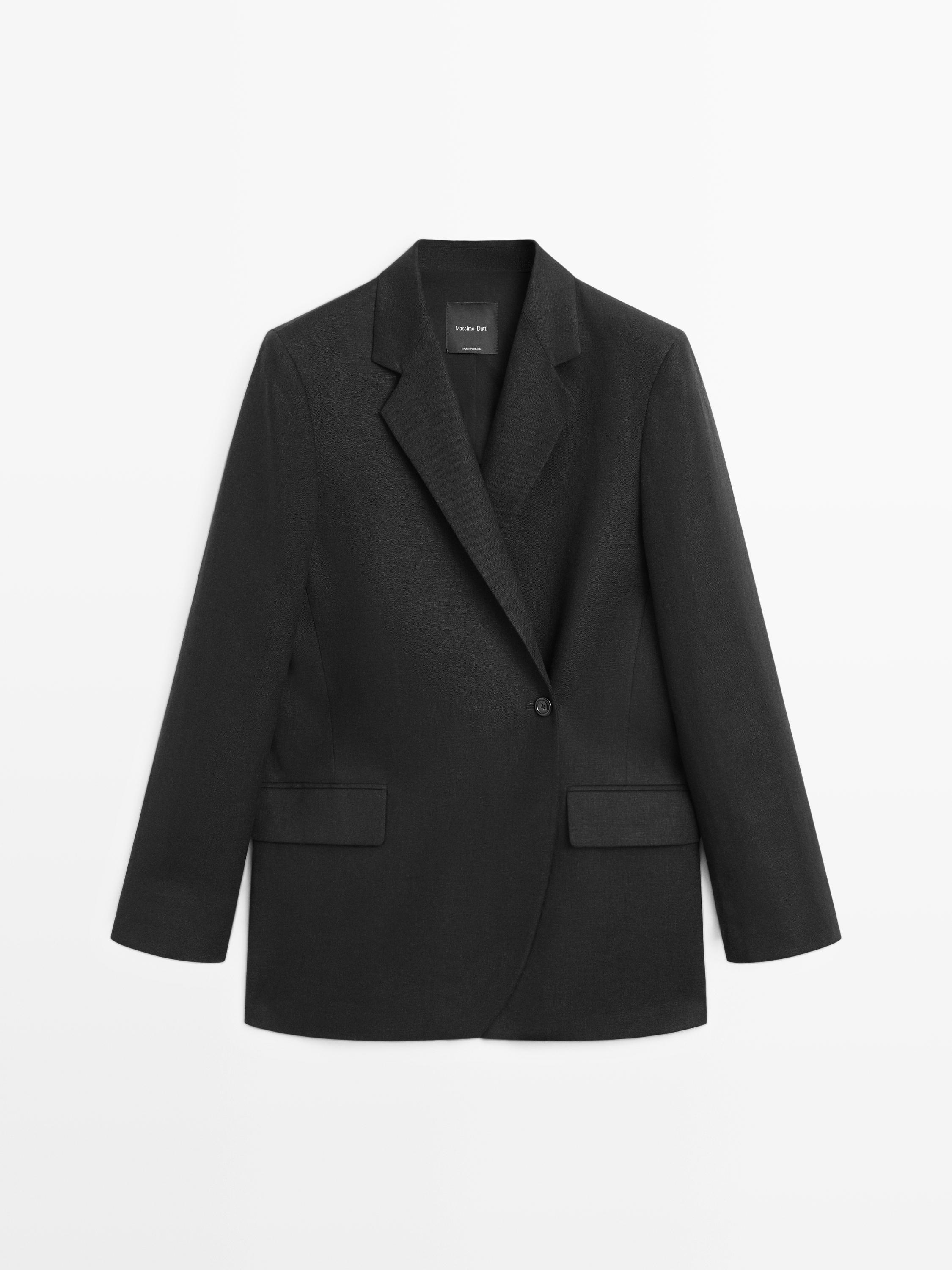 100% linen double-breasted blazer — BLACK