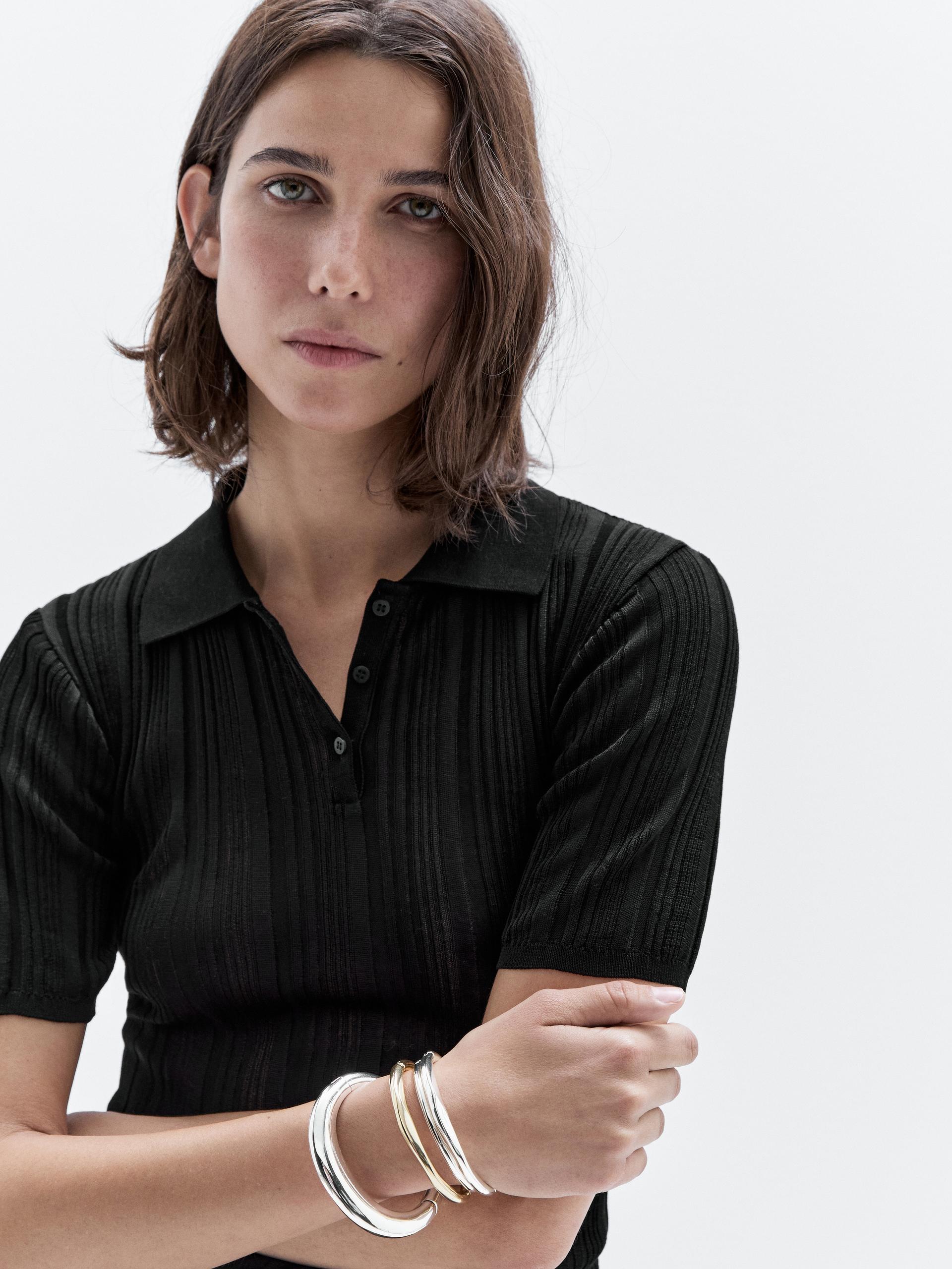 Bawełniana Koszulka Polo Z Prążkowanym Wykończeniem - Czarny - Xl - Massimo Dutti - Kobieta