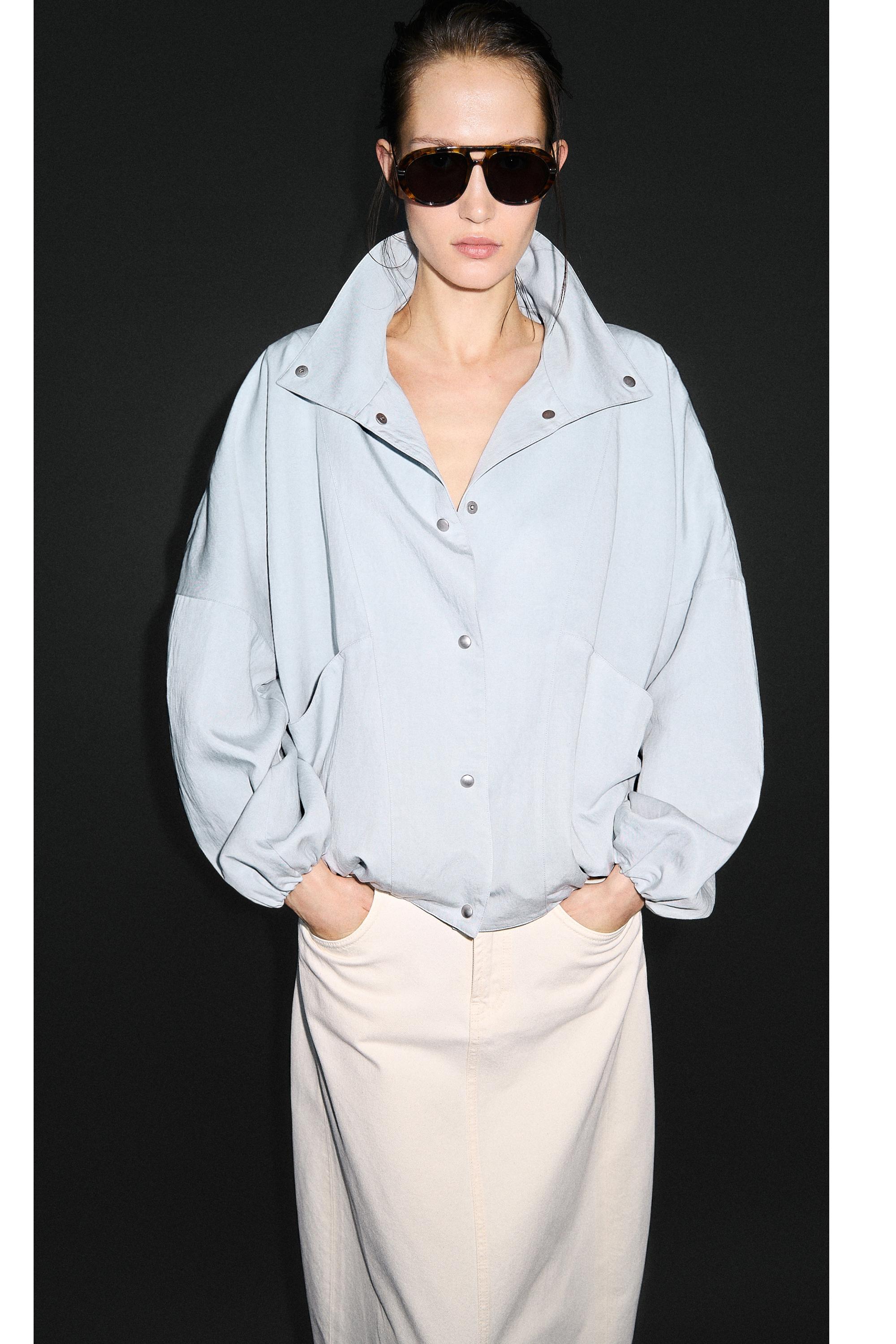 High collar bomber jacket with pocket details — Light blue