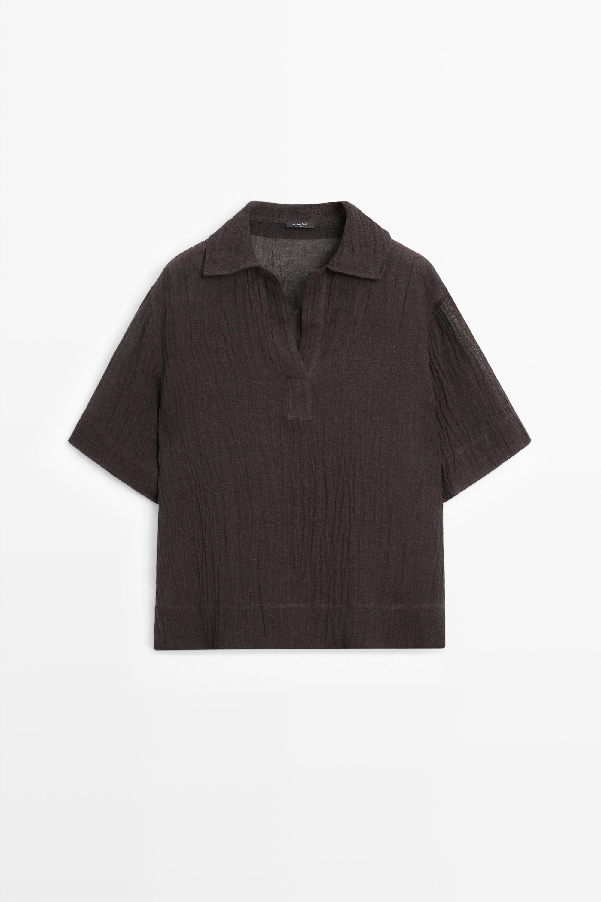 Flowing linen blend polo blouse — BROWN