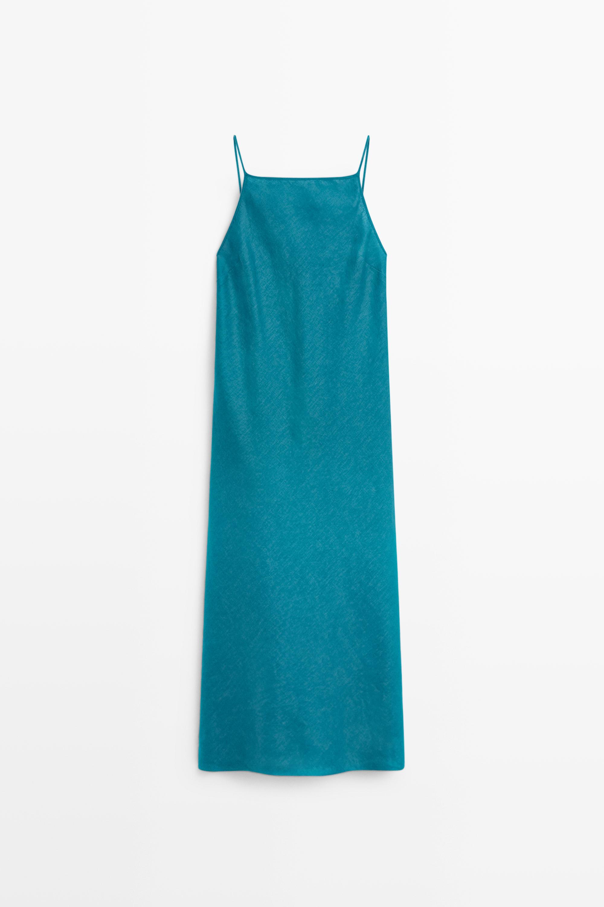100% linen strappy midi dress Turquoise Dress | Massimo Dutti 100% linen strappy midi dress Turquoise Dress | Massimo Dutti